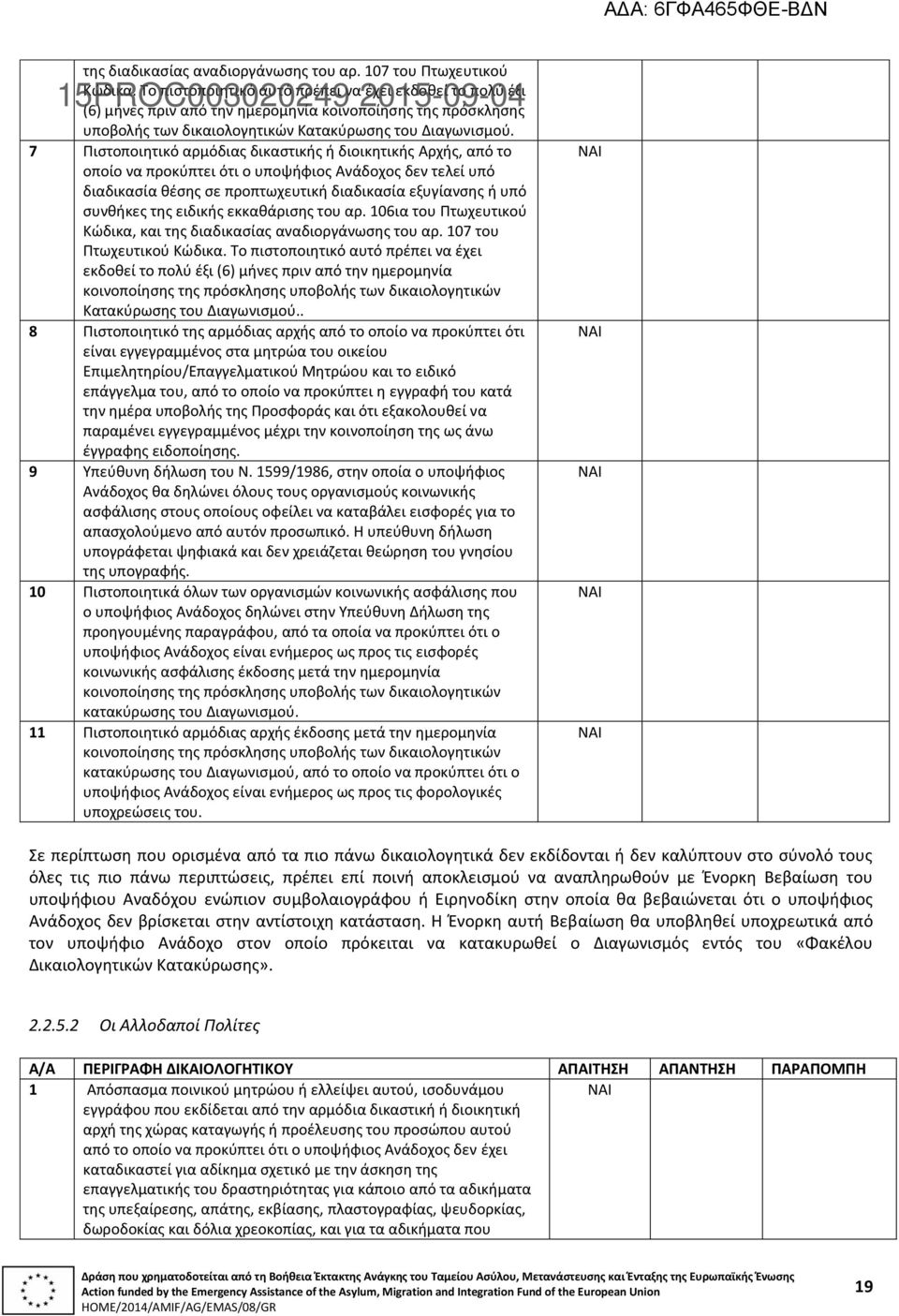 7 Πιστοποιητικό αρμόδιας δικαστικής ή διοικητικής Αρχής, από το διαδικασία θέσης σε προπτωχευτική διαδικασία εξυγίανσης ή υπό συνθήκες της ειδικής εκκαθάρισης του αρ.