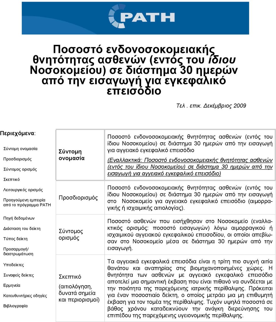 Προσαρμογή/ διαστρωμάτωση Υποδείκτες Συναφείς δείκτες Ερμηνεία Κατευθυντήριες οδηγίες Βιβλιογραφία Σύντομη ονομασία Προσδιορισμός Σύντομος ορισμός Σκεπτικό (αιτιολόγηση, δυνατά σημεία και