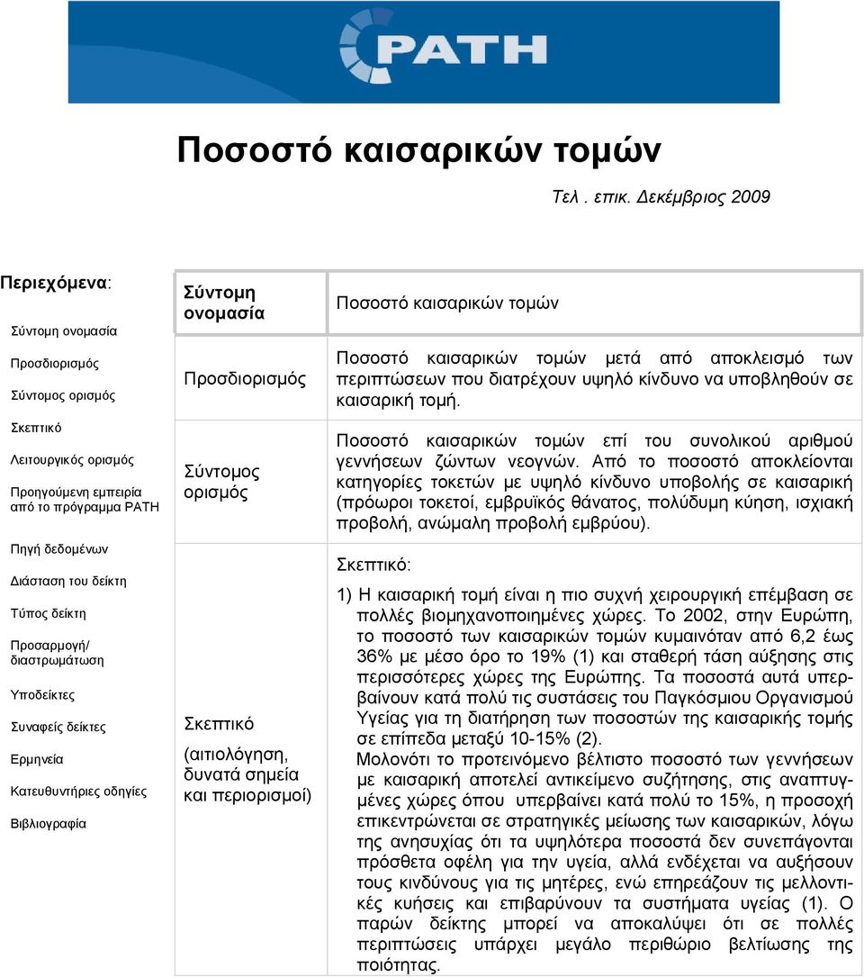 Προσαρμογή/ διαστρωμάτωση Υποδείκτες Συναφείς δείκτες Ερμηνεία Κατευθυντήριες οδηγίες Βιβλιογραφία Σύντομη ονομασία Προσδιορισμός Σύντομος ορισμός Σκεπτικό (αιτιολόγηση, δυνατά σημεία και