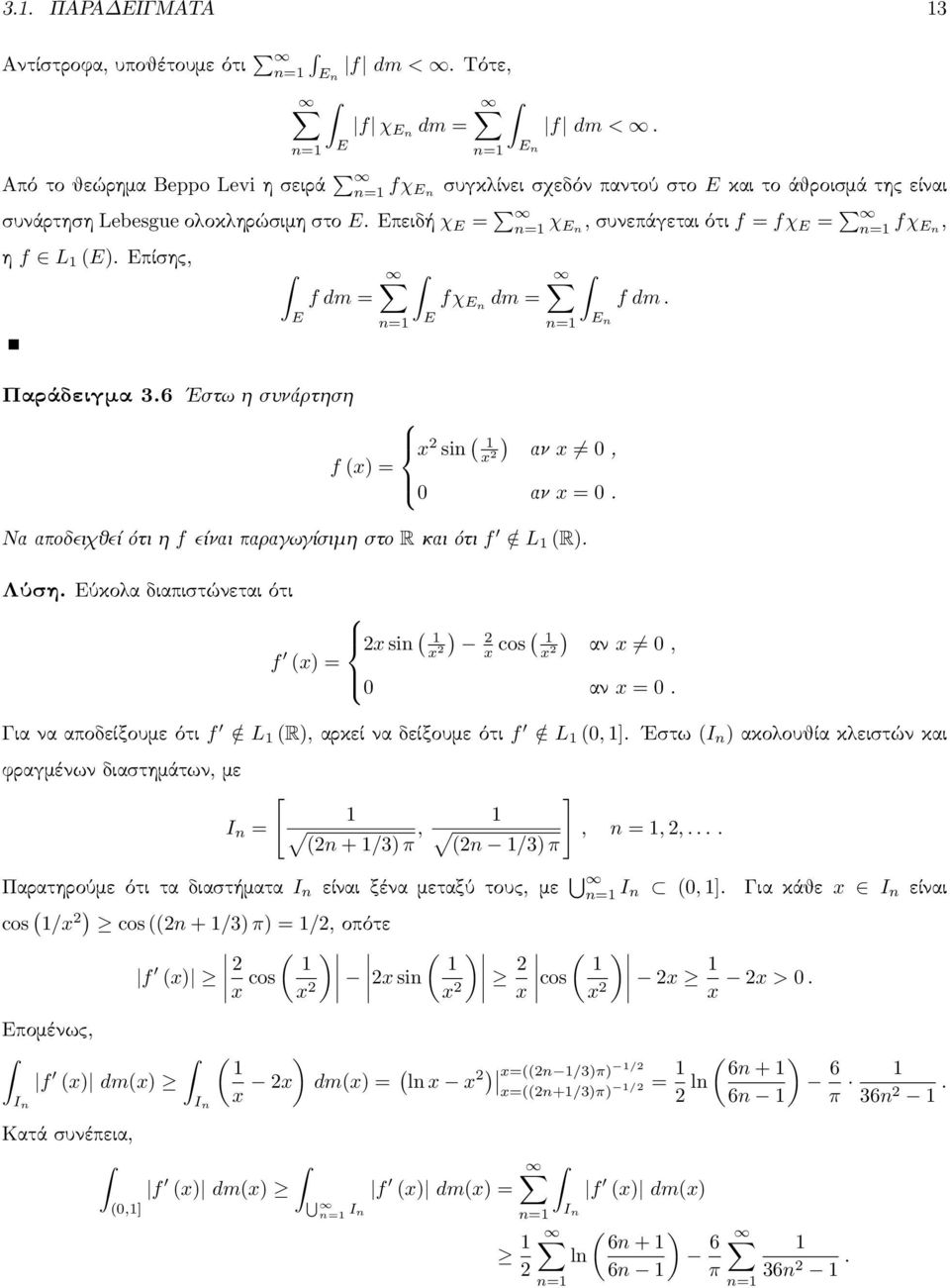 Επίσης, f dm fχ n dm n f dm. Παράδειγμα 3.6 Εστω η συνάρτηση x 2 sin ) x αν x, f x) 2 αν x. Να αποδειχθεί ότι η f είναι παραγωγίσιμη στο και ότι f / L ). Λύση.