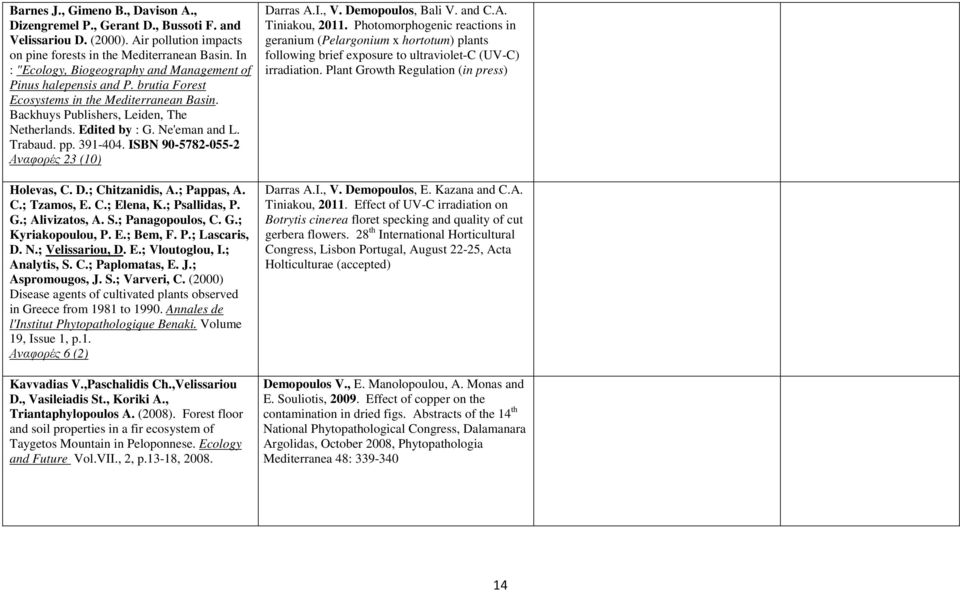 Trabaud. pp. 391-404. ISBN 90-5782-055-2 Αναφορές 23 (10) Holevas, C. D.; Chitzanidis, A.; Pappas, A. C.; Tzamos, E. C.; Elena, K.; Psallidas, P. G.; Alivizatos, A. S.; Panagopoulos, C. G.; Kyriakopoulou, P.