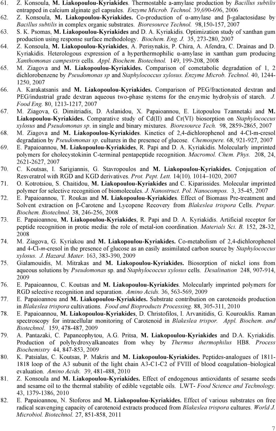 J. 35, 273-280, 2007 64. Z. Konsoula, M. Liakopoulou-Kyriakides, A. Perisynakis, P. Chira, A. Afendra, C. Drainas and D. Kyriakidis.