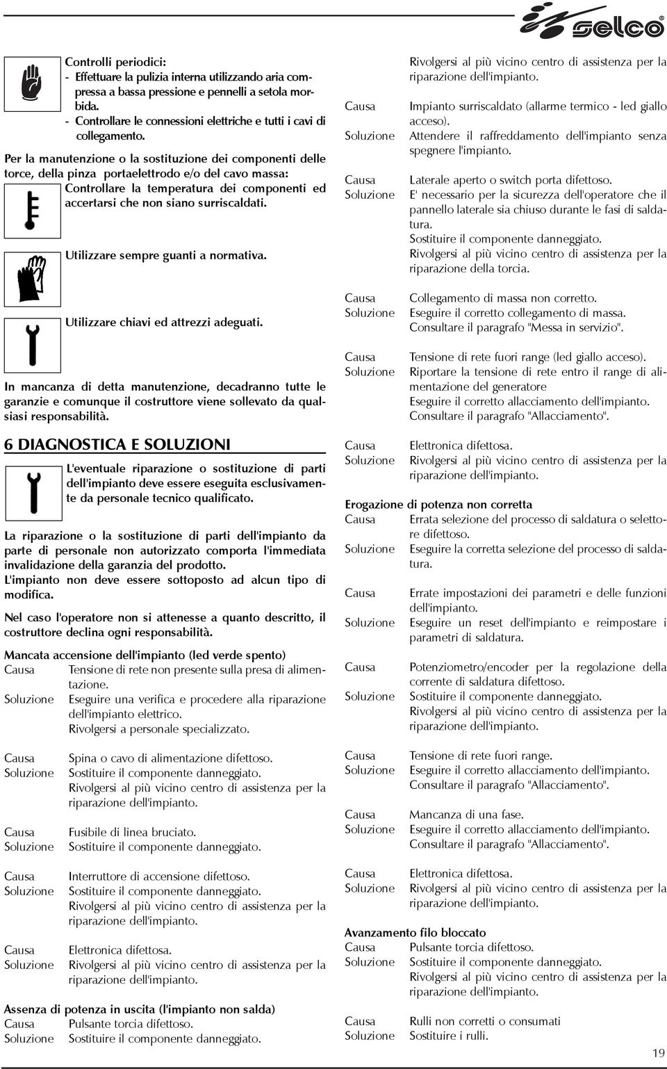 Utilizzare sempre guanti a normativa. Rivolgersi al più vicino centro di assistenza per la riparazione dell'impianto. Impianto surriscaldato (allarme termico - led giallo acceso).