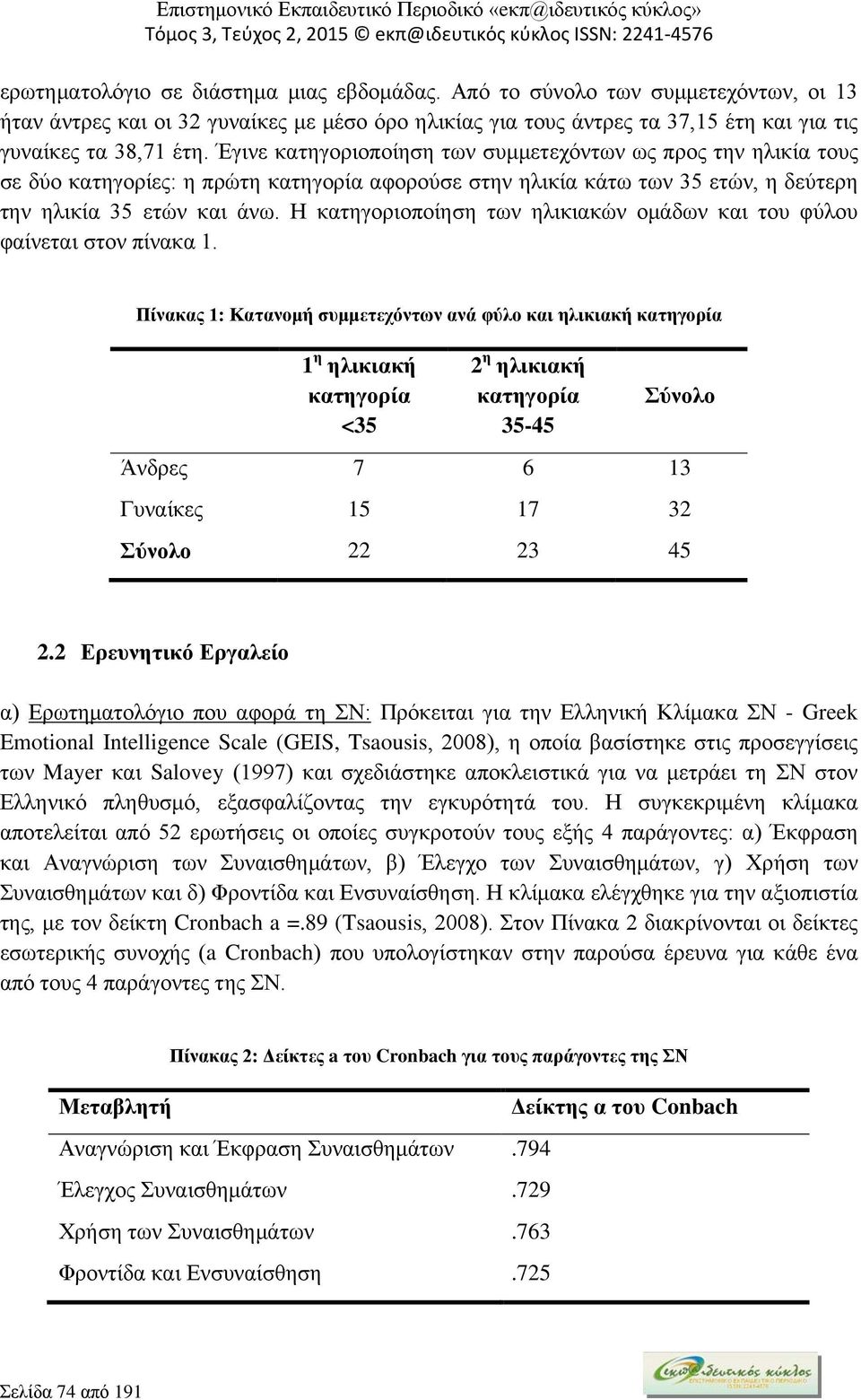 Η κατηγοριοποίηση των ηλικιακών ομάδων και του φύλου φαίνεται στον πίνακα 1.