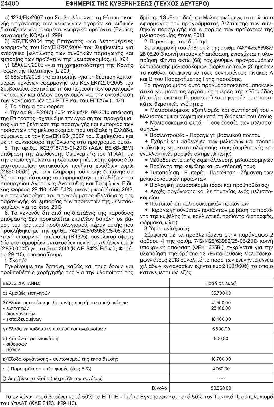 μελισσοκομίας» (L 163) γ) 1290/ΕΚ/2005 «για τη χρηματοδότηση της Κοινής Γεωργικής Πολιτικής» (L 209) δ) 885/ΕΚ/2006 της Επιτροπής «για τη θέσπιση λεπτο μερών κανόνων εφαρμογής του Καν(ΕΚ)1290/2005