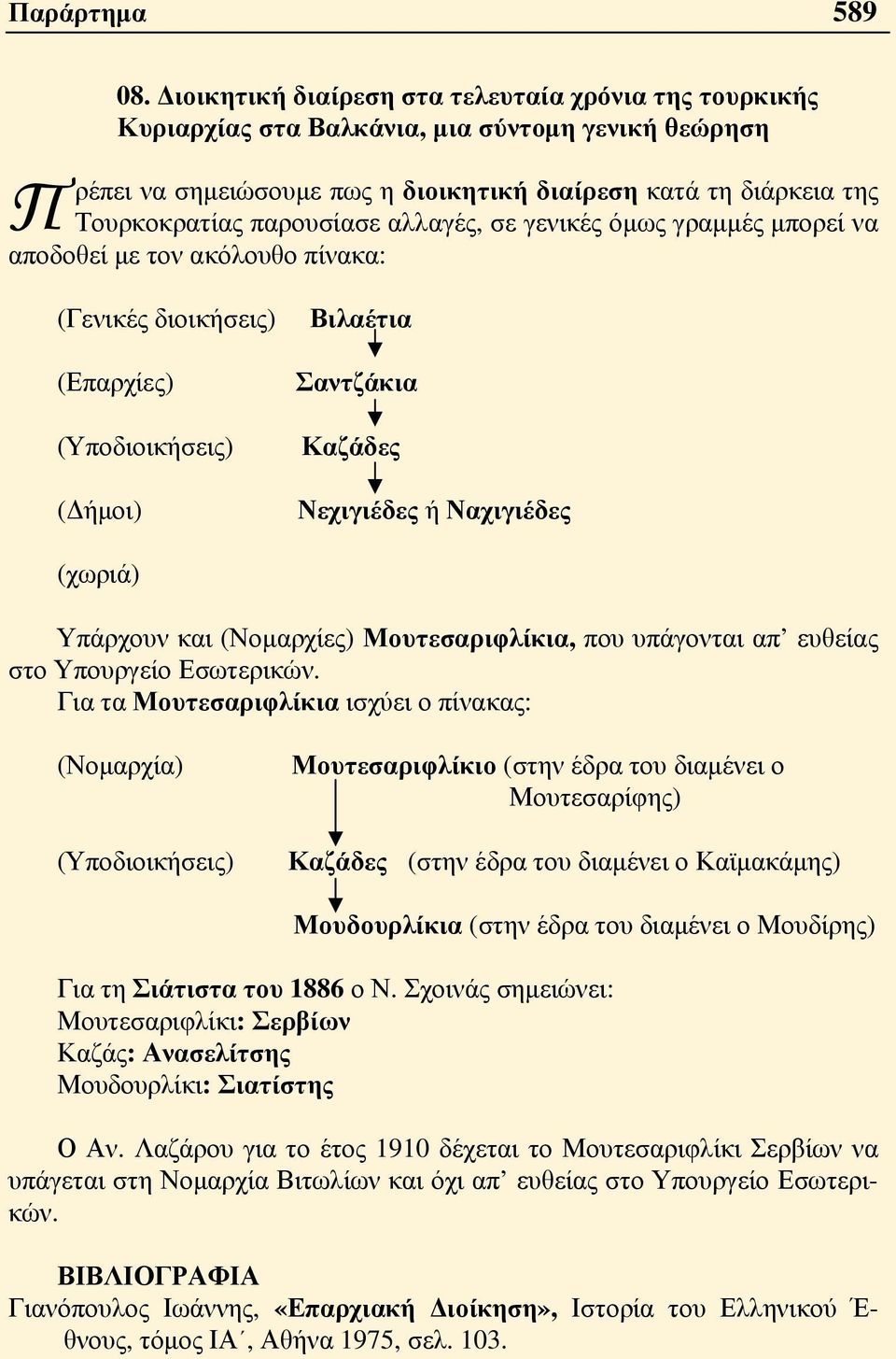 αλλαγές, σε γενικές όμως γραμμές μπορεί να αποδοθεί με τον ακόλουθο πίνακα: (Γενικές διοικήσεις) (Επαρχίες) (Υποδιοικήσεις) (Δήμοι) Βιλαέτια Σαντζάκια Καζάδες Νεχιγιέδες ή Ναχιγιέδες (χωριά) Υπάρχουν