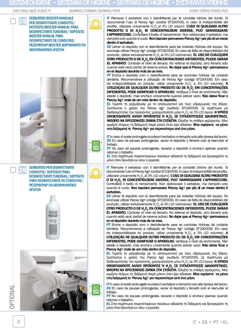 disinfettante per le condotte idriche del riunito. Si raccomanda l uso di Peroxy Ag+ (codice 9190006). In caso di indisponibilità del prodtto, utilizzare unicamente H 2 al 3% (10 volumi).