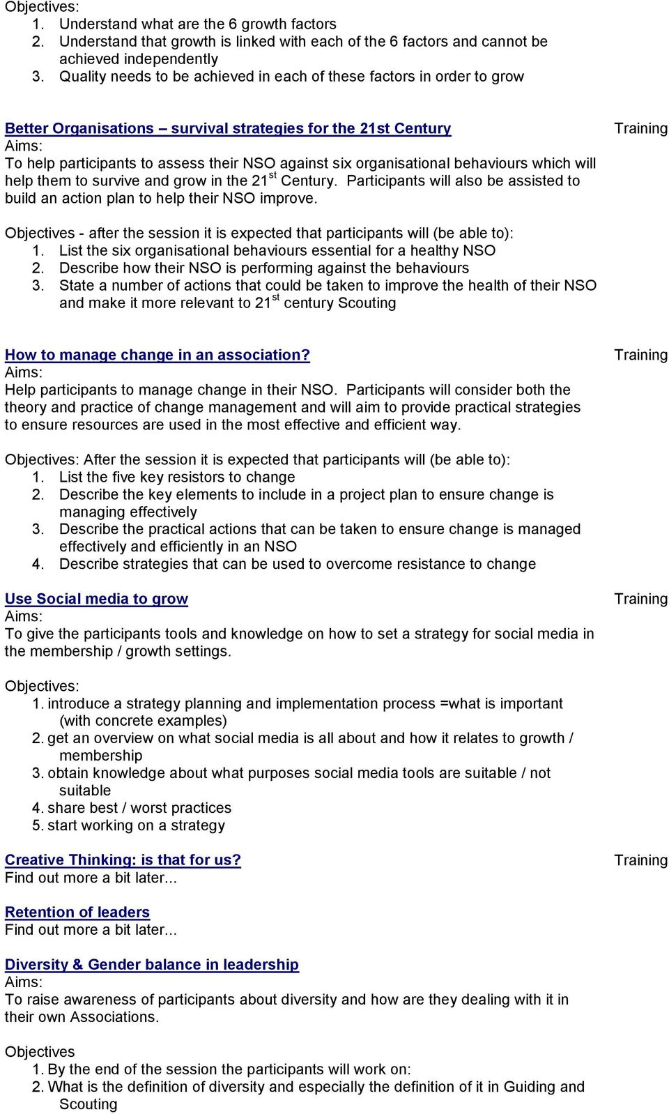 organisational behaviours which will help them to survive and grow in the 21 st Century. Participants will also be assisted to build an action plan to help their NSO improve.