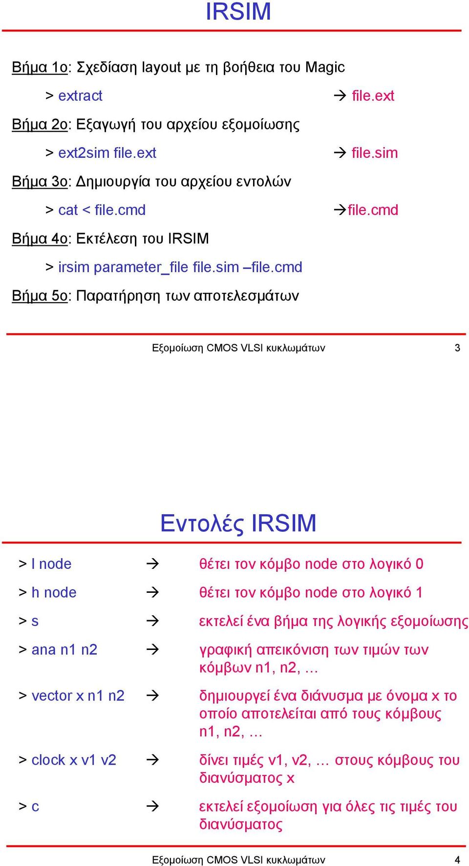 cmd Βήµα 5ο: Παρατήρηση των αποτελεσµάτων Εξοµοίωση CMOS VLSI κυκλωµάτων 3 Εντολές IRSIM > l node θέτει τον κόµβο node στο λογικό 0 > h node θέτει τον κόµβο node στο λογικό 1 > s εκτελεί ένα βήµα της