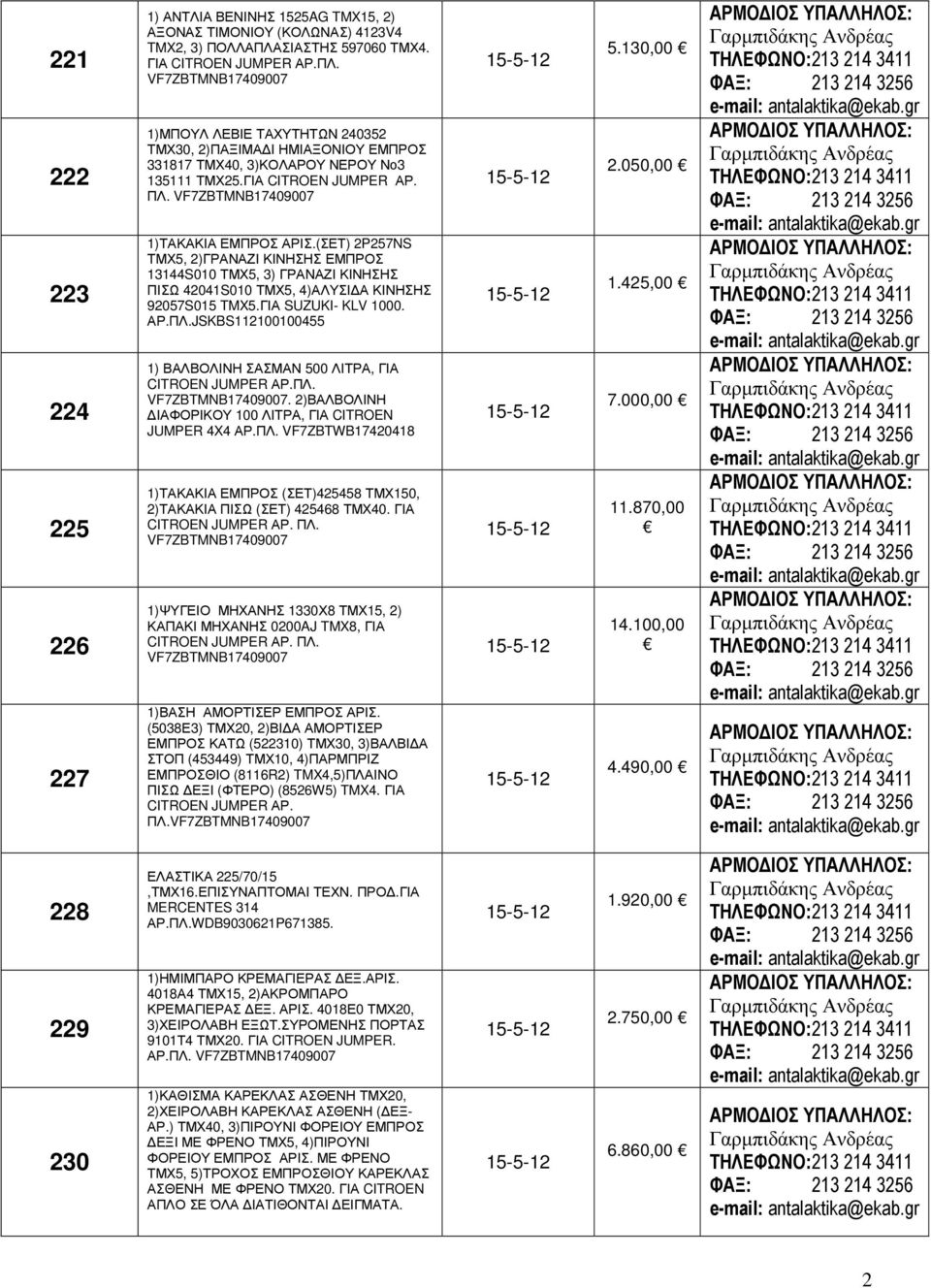 1)ΤΑΚΑΚΙΑ ΕΜΠΡΟΣ ΑΡΙΣ.(ΣΕΤ) 2P257NS ΤΜΧ5, 2)ΓΡΑΝΑΖΙ ΚΙΝΗΣΗΣ ΕΜΠΡΟΣ 13144S010 ΤΜΧ5, 3) ΓΡΑΝΑΖΙ ΚΙΝΗΣΗΣ ΠΙΣΩ 42041S010 ΤΜΧ5, 4)ΑΛΥΣΙ Α ΚΙΝΗΣΗΣ 92057S015 TMX5.ΓΙΑ SUZUKI- KLV 1000. ΑΡ.ΠΛ.