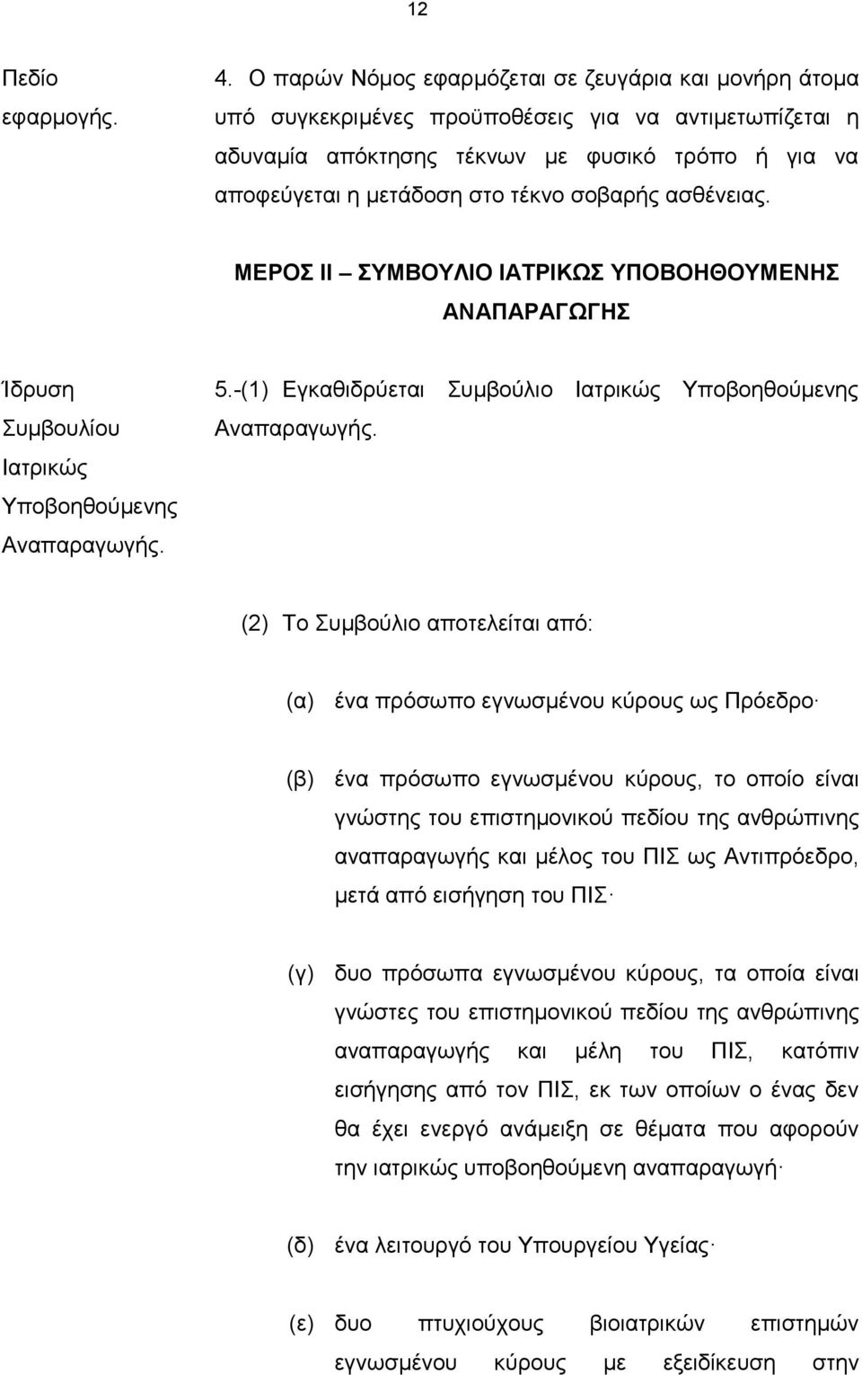 σοβαρής ασθένειας. ΜΕΡΟΣ ΙΙ ΣΥΜΒΟΥΛΙΟ ΙΑΤΡΙΚΩΣ ΥΠΟΒΟΗΘΟΥΜΕΝΗΣ ΑΝΑΠΑΡΑΓΩΓΗΣ Ίδρυση Συμβουλίου Ιατρικώς Υποβοηθούμενης Αναπαραγωγής. 5.-(1) Εγκαθιδρύεται Συμβούλιο Ιατρικώς Υποβοηθούμενης Αναπαραγωγής.