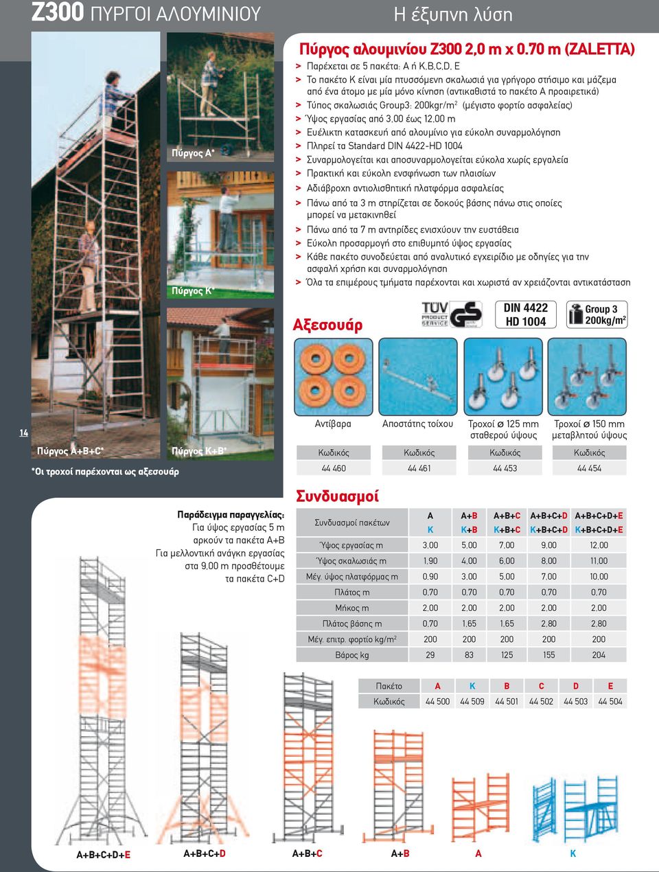> Τύπος σκαλωσιάς Group3: 200kgr/m 2 (μέγιστο φορτίο ασφαλείας) > εργασίας από 3,00 έως 12,00 m > Ευέλικτη κατασκευή από αλουμίνιο για εύκολη συναρμολόγηση > Πληρεί τα Standard DIN 4422-HD 1004 >