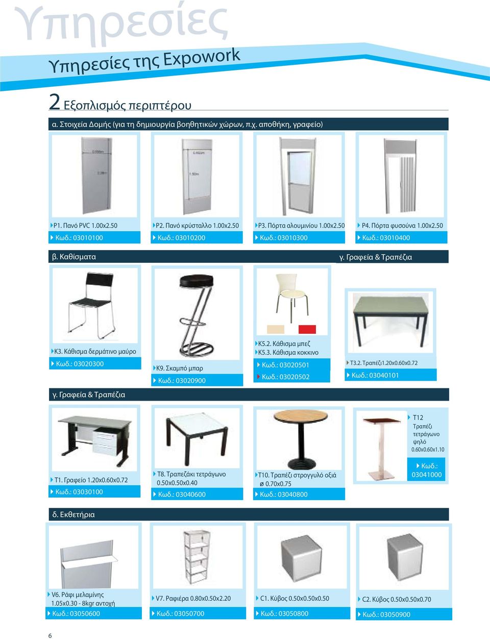 3. Κάθισμα κοκκινο Κωδ.: 03020300 Κ9. Σκαμπό μπαρ Κωδ.: 03020900 Κωδ.: 03020501 Κωδ.: 03020502 Τ3.2. Τραπέζι1.20x0.60x0.72 Κωδ.: 03040101 γ. Γραφεία & Τραπέζια Τ12 Τραπέζι τετράγωνο ψηλό 0.60x0.60x1.