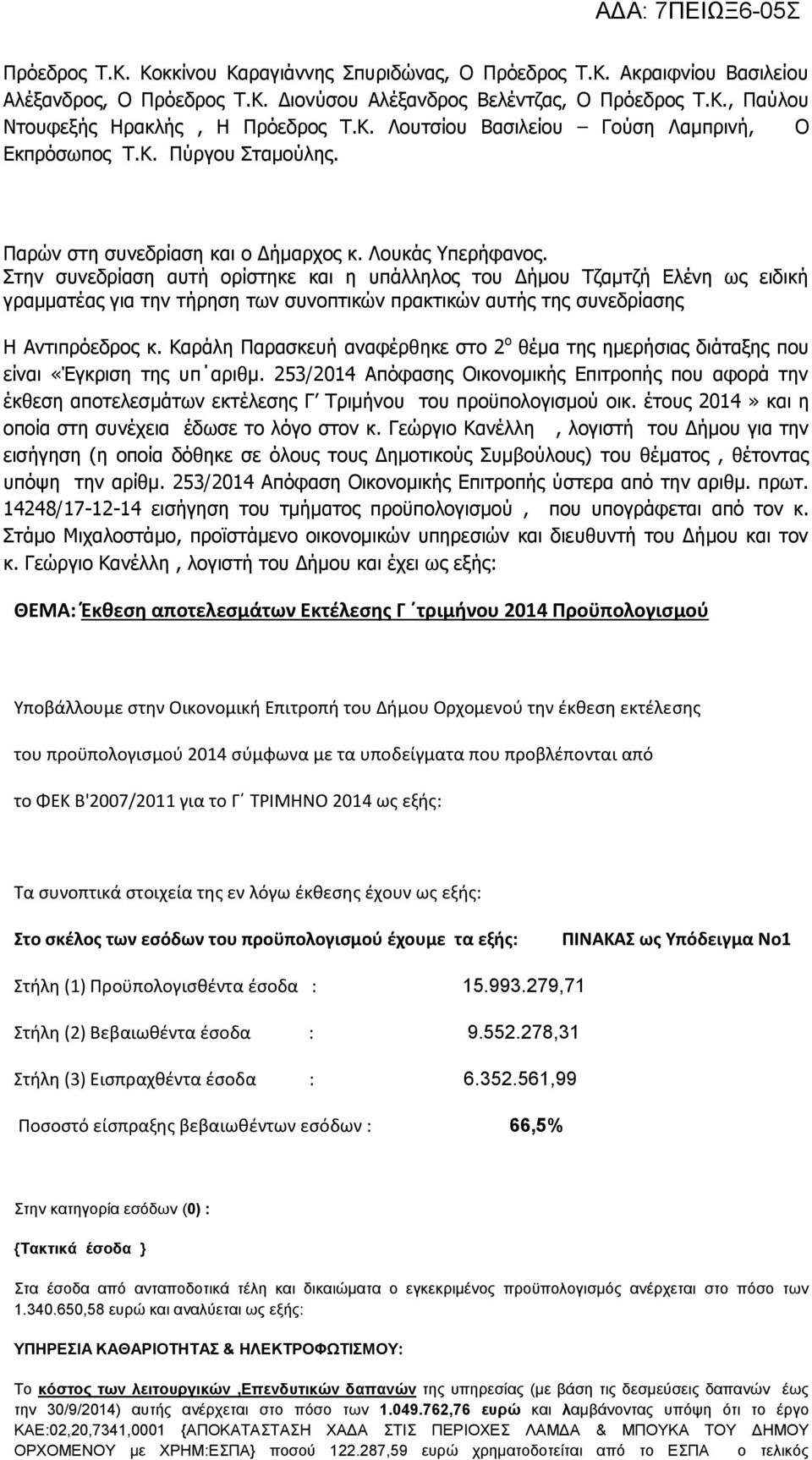 Στην συνεδρίαση αυτή ορίστηκε και η υπάλληλος του Δήμου Τζαμτζή Ελένη ως ειδική γραμματέας για την τήρηση των συνοπτικών πρακτικών αυτής της συνεδρίασης Η Αντιπρόεδρος κ.