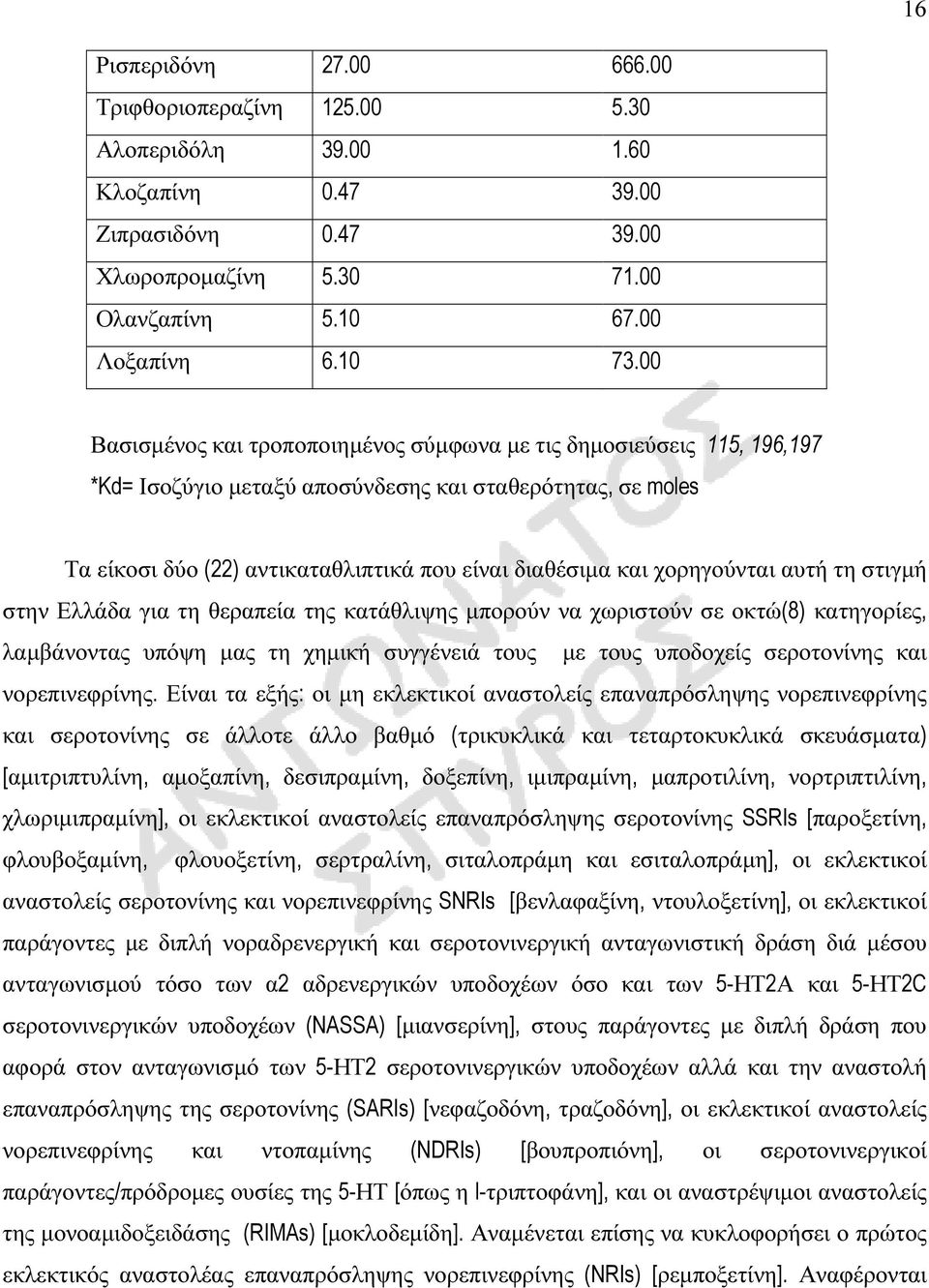 χορηγούνται αυτή τη στιγµή στην Ελλάδα για τη θεραπεία της κατάθλιψης µπορούν να χωριστούν σε οκτώ(8) κατηγορίες, λαµβάνοντας υπόψη µας τη χηµική συγγένειά τους µε τους υποδοχείς σεροτονίνης και