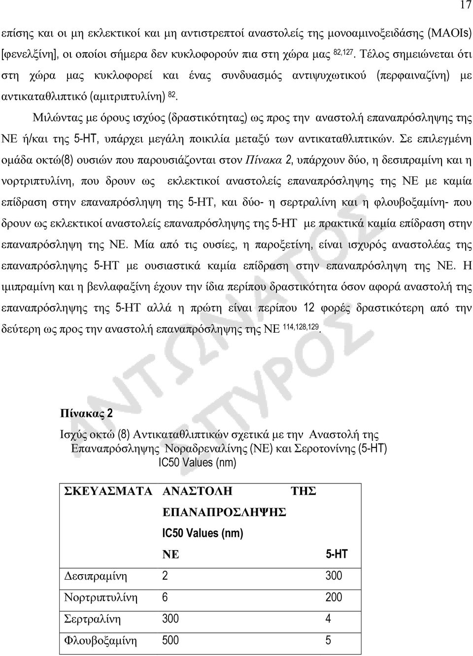 Μιλώντας µε όρους ισχύος (δραστικότητας) ως προς την αναστολή επαναπρόσληψης της ΝΕ ή/και της 5-HT, υπάρχει µεγάλη ποικιλία µεταξύ των αντικαταθλιπτικών.