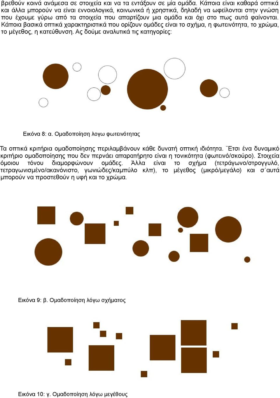 φαίνονται. Κάποια βασικά οπτικά χαρακτηριστικά που ορίζουν ομάδες είναι το σχήμα, η φωτεινότητα, το χρώμα, το μέγεθος, η κατεύθυνση. Ας δούμε αναλυτικά τις κατηγορίες: Εικόνα 8: α.