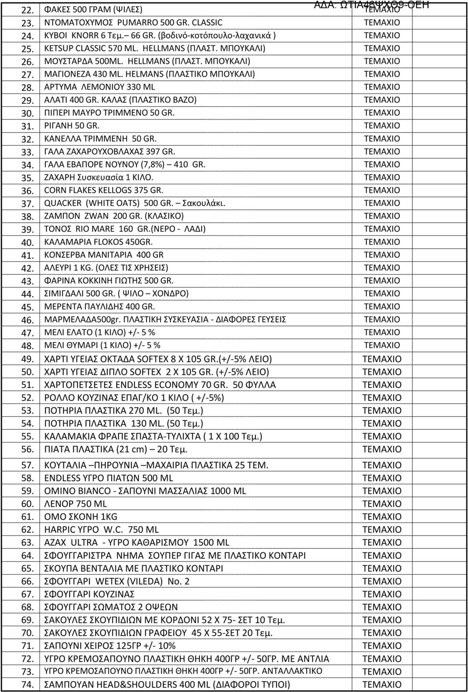 ΚΑΛΑΣ (ΠΛΑΣΤΙΚΟ ΒΑΖΟ) ΤΕΜΑΧΙΟ 30. ΠΙΠΕΡΙ ΜΑΥΡΟ ΤΡΙΜΜΕΝΟ 50 GR. ΤΕΜΑΧΙΟ 31. ΡΙΓΑΝΗ 50 GR. ΤΕΜΑΧΙΟ 32. ΚΑΝΕΛΛΑ ΤΡΙΜΜΕΝΗ 50 GR. ΤΕΜΑΧΙΟ 33. ΓΑΛΑ ΖΑΧΑΡΟΥΧΟΒΛΑΧΑΣ 397 GR. ΤΕΜΑΧΙΟ 34.