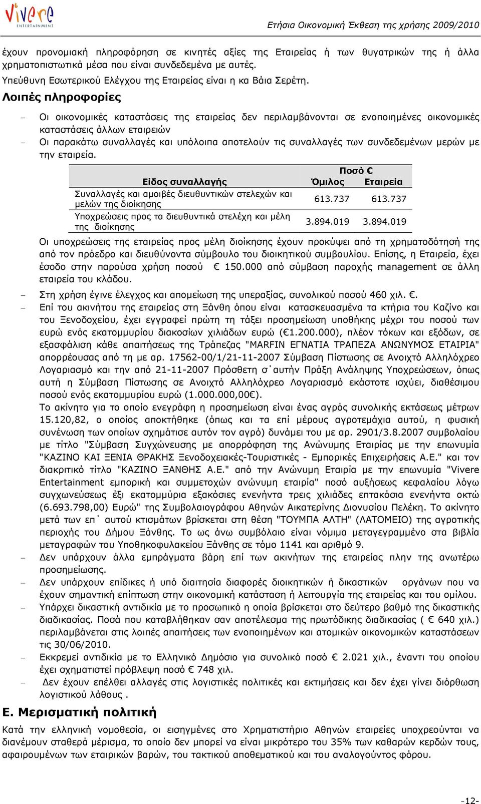 Λοιπές πληροφορίες Οι οικονομικές καταστάσεις της εταιρείας δεν περιλαμβάνονται σε ενοποιημένες οικονομικές καταστάσεις άλλων εταιρειών Οι παρακάτω συναλλαγές και υπόλοιπα αποτελούν τις συναλλαγές