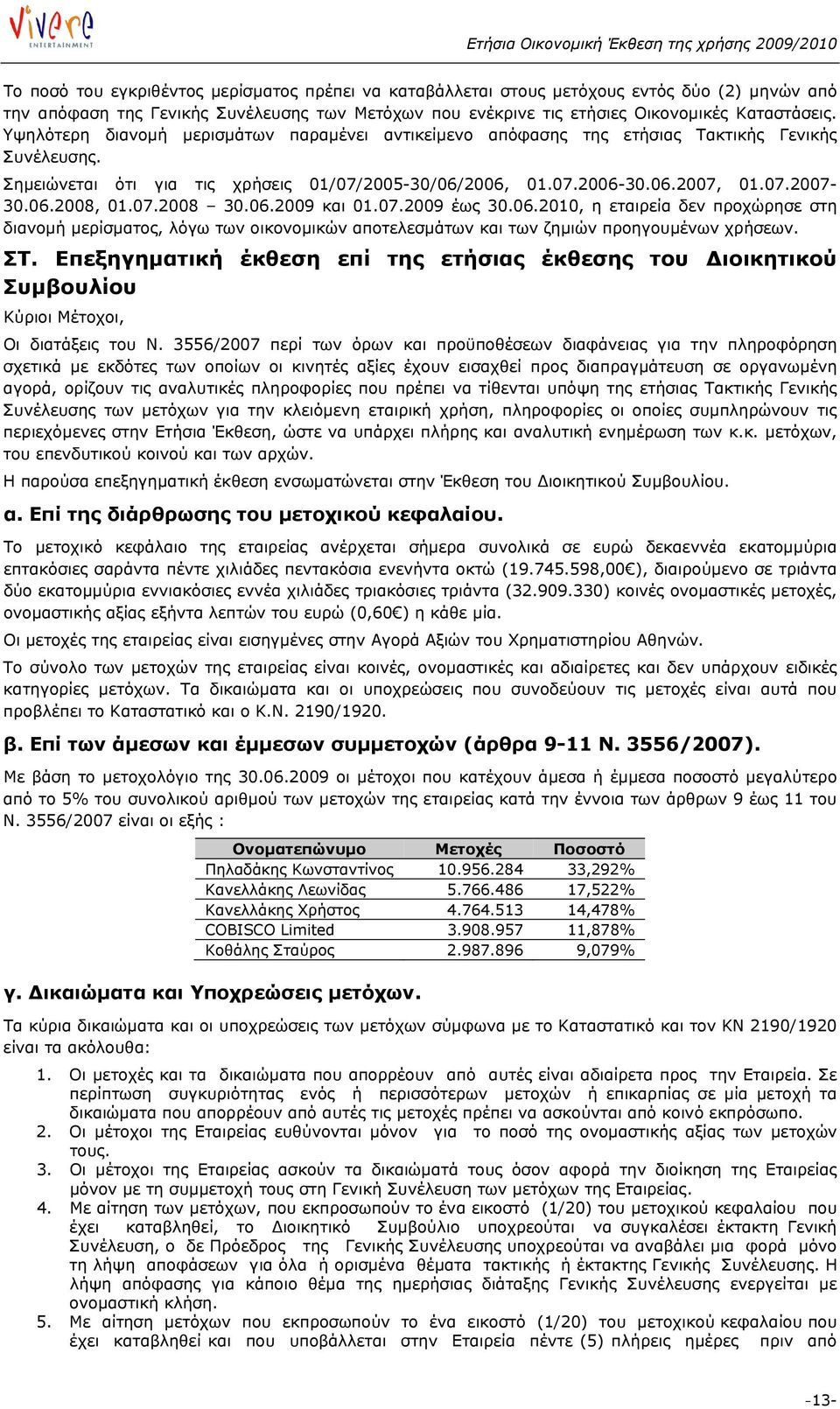 07.2008 30.06.2009 και 01.07.2009 έως 30.06.2010, η εταιρεία δεν προχώρησε στη διανομή μερίσματος, λόγω των οικονομικών αποτελεσμάτων και των ζημιών προηγουμένων χρήσεων. ΣΤ.