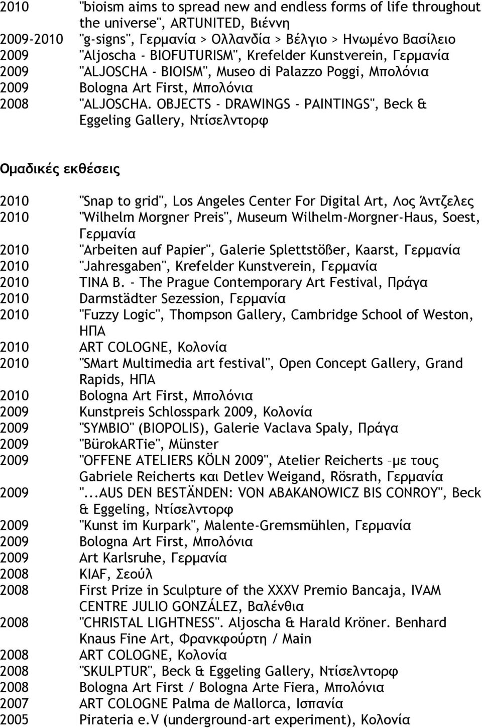 OBJECTS - DRAWINGS - PAINTINGS", Beck & Eggeling Gallery, Ντίσελντορφ Ομαδικές εκθέσεις 2010 "Snap to grid", Los Angeles Center For Digital Art, Λος Άντζελες 2010 "Wilhelm Morgner Preis", Museum