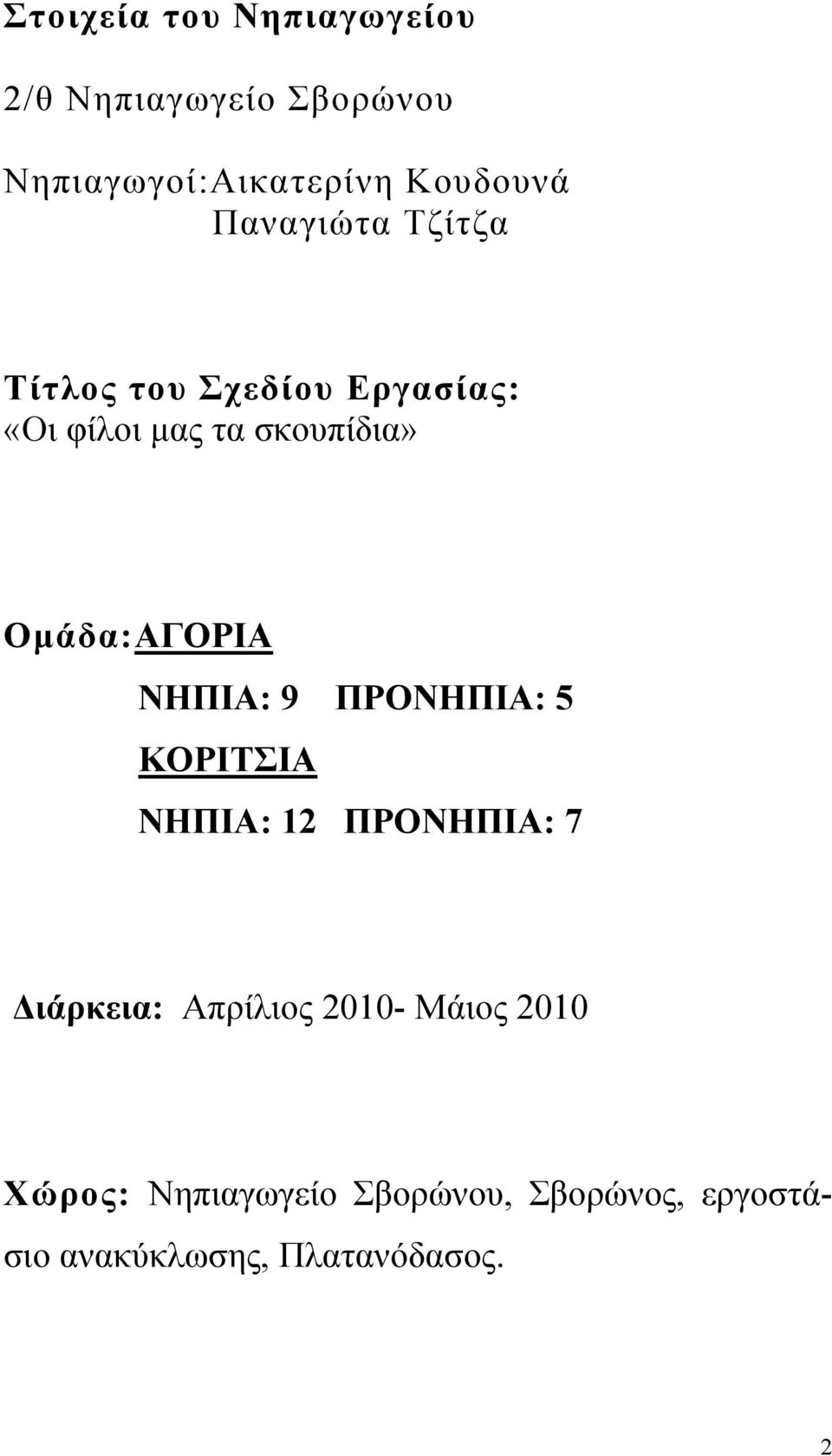 Ομάδα:ΑΓΟΡΙΑ ΝΗΠΙΑ: 9 ΠΡΟΝΗΠΙΑ: 5 ΚΟΡΙΤΣΙΑ ΝΗΠΙΑ: 12 ΠΡΟΝΗΠΙΑ: 7 Διάρκεια: Απρίλιος