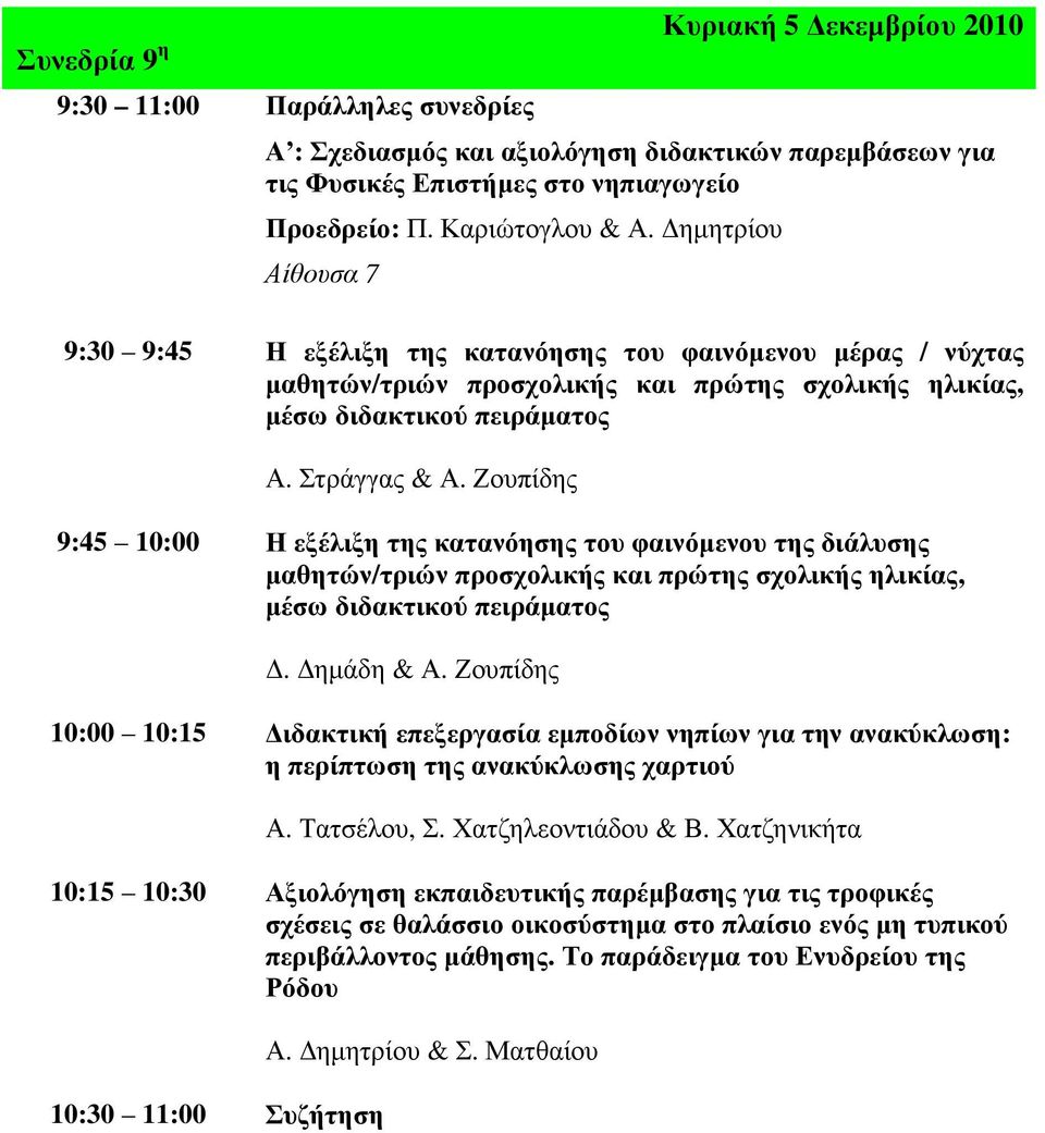 Ζουπίδης 9:45 10:00 Η εξέλιξη της κατανόησης του φαινόµενου της διάλυσης µαθητών/τριών προσχολικής και πρώτης σχολικής ηλικίας, µέσω διδακτικού πειράµατος. ηµάδη & Α.