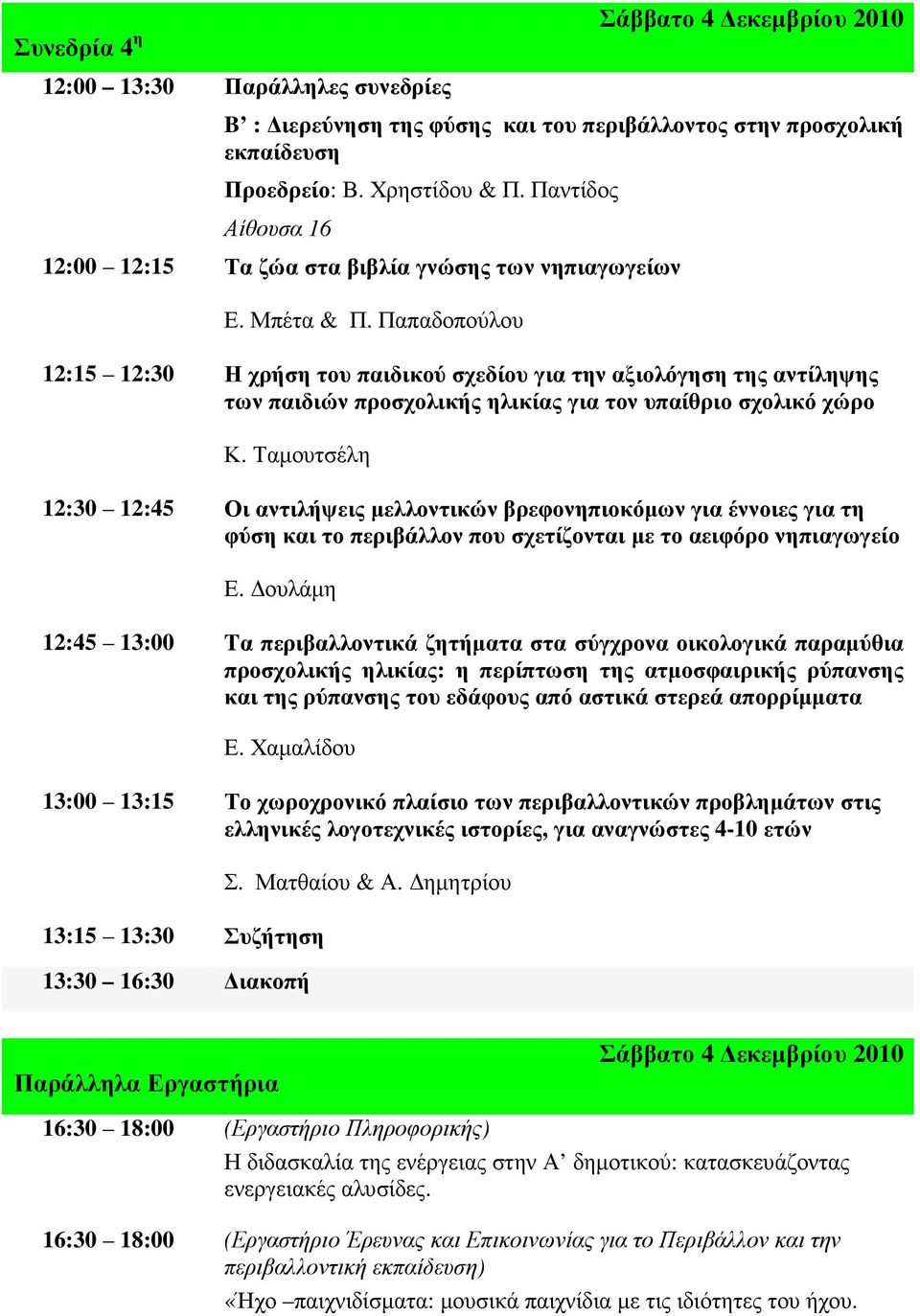 Παπαδοπούλου 12:15 12:30 Η χρήση του παιδικού σχεδίου για την αξιολόγηση της αντίληψης των παιδιών προσχολικής ηλικίας για τον υπαίθριο σχολικό χώρο Κ.