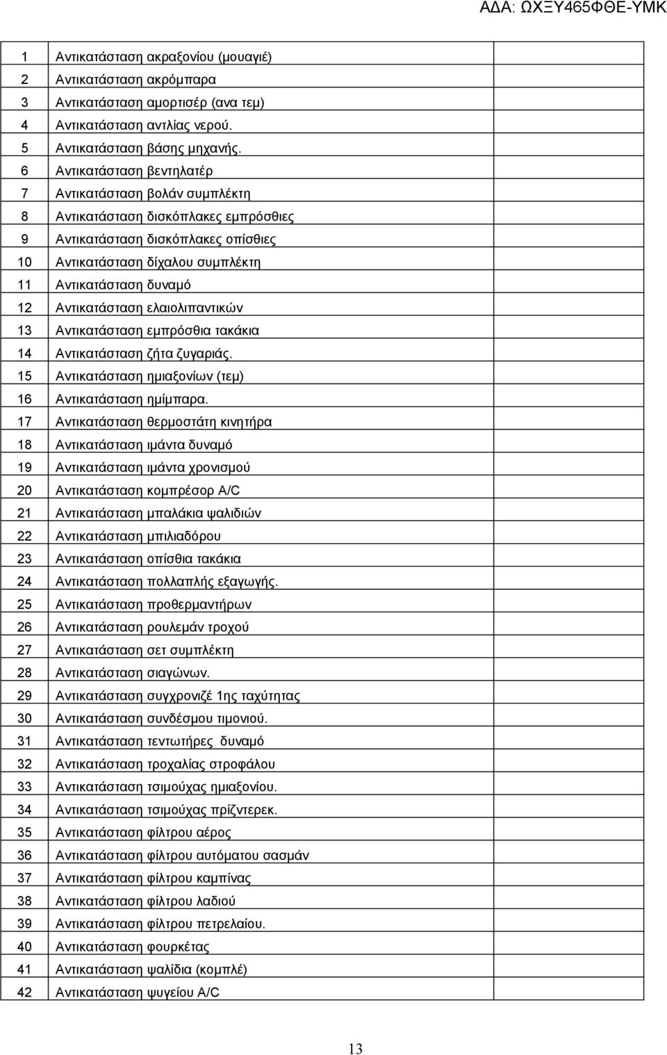 Αντικατάσταση ελαιολιπαντικών 13 Αντικατάσταση εμπρόσθια τακάκια 14 Αντικατάσταση ζήτα ζυγαριάς. 15 Αντικατάσταση ημιαξονίων (τεμ) 16 Αντικατάσταση ημίμπαρα.