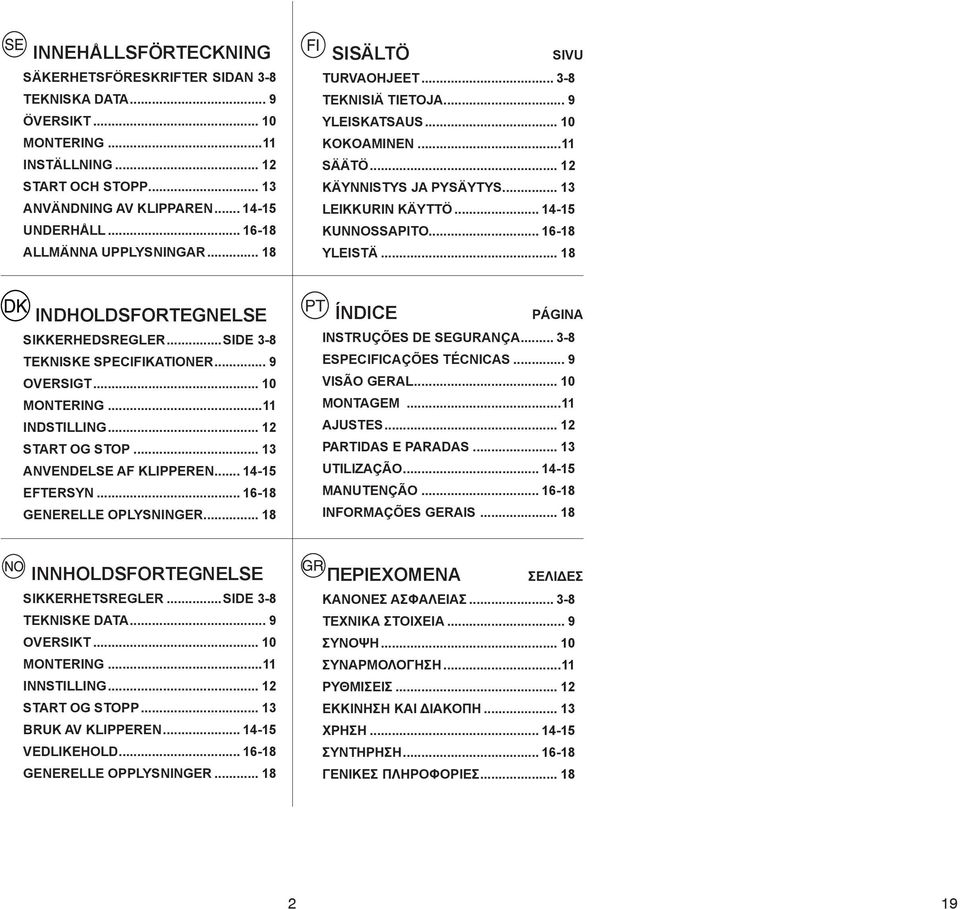 .. 14-15 KUNNOSSAPITO... 16-18 YLEISTÄ... 18 INDHOLDSFORTEGNELSE SIKKERHEDSREGLER...SIDE 3-8 TEKNISKE SPECIFIKATIONER... 9 OVERSIGT... 10 MONTERING...11 INDSTILLING... 12 START OG STOP.