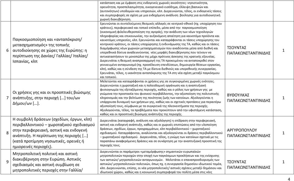 Η περίπτωση της περιοχής [ ] (κατά προτίμηση νησιωτικές, ορεινές ή ημιορεινές περιοχές). Μητροπολιτική πολιτική και αστική διακυβέρνηση στην Ευρώπη.