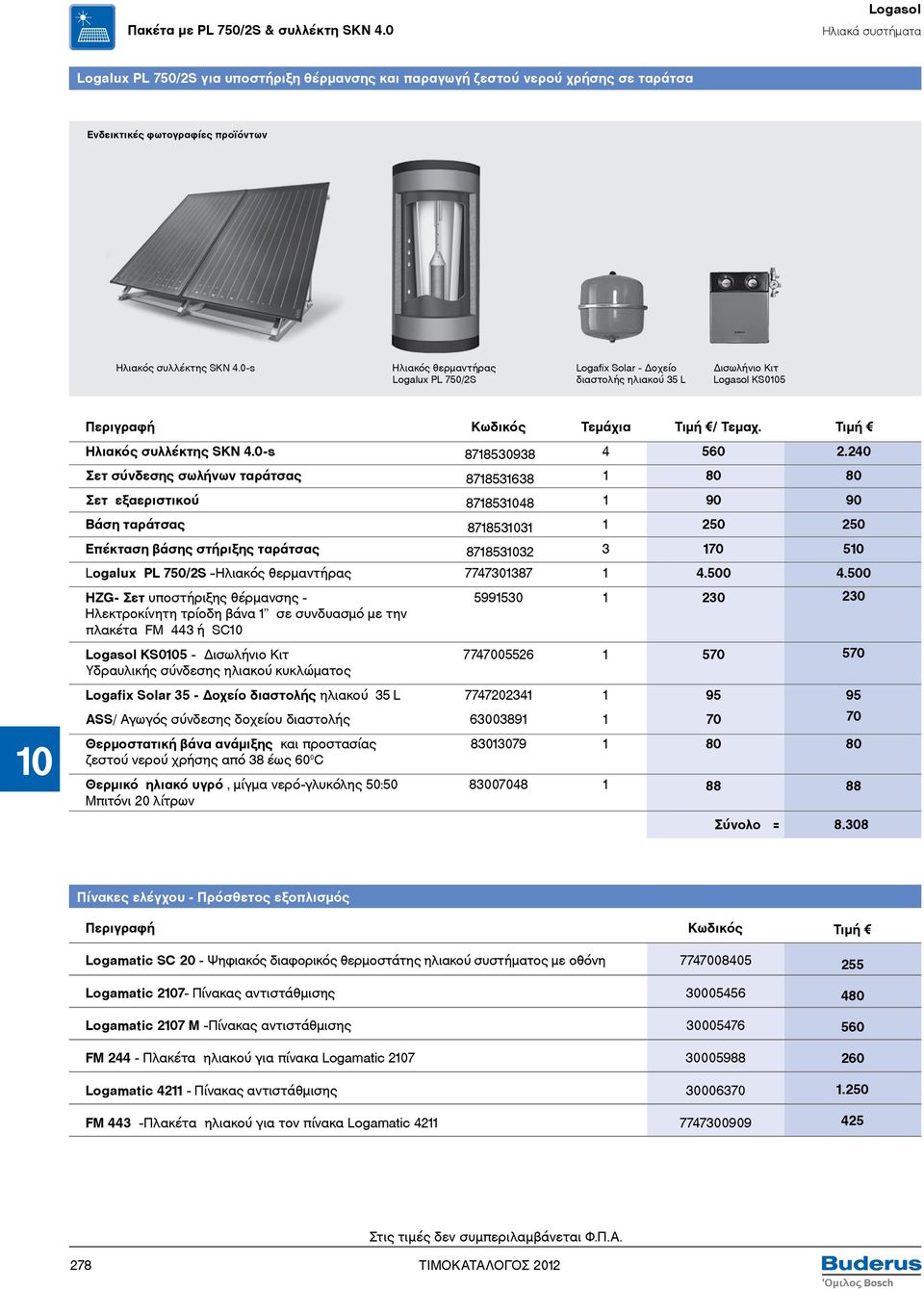 0-s Ηλιακός θερμαντήρας Logalux PL 750/2S Logafix Solar - Δοχείο διαστολής ηλιακού 35 L Δισωλήνιο Κιτ KS0105 Κωδικός Τεμάχια Τιμή / Τεμαχ. Τιμή Ηλιακός συλλέκτης SKN 4.