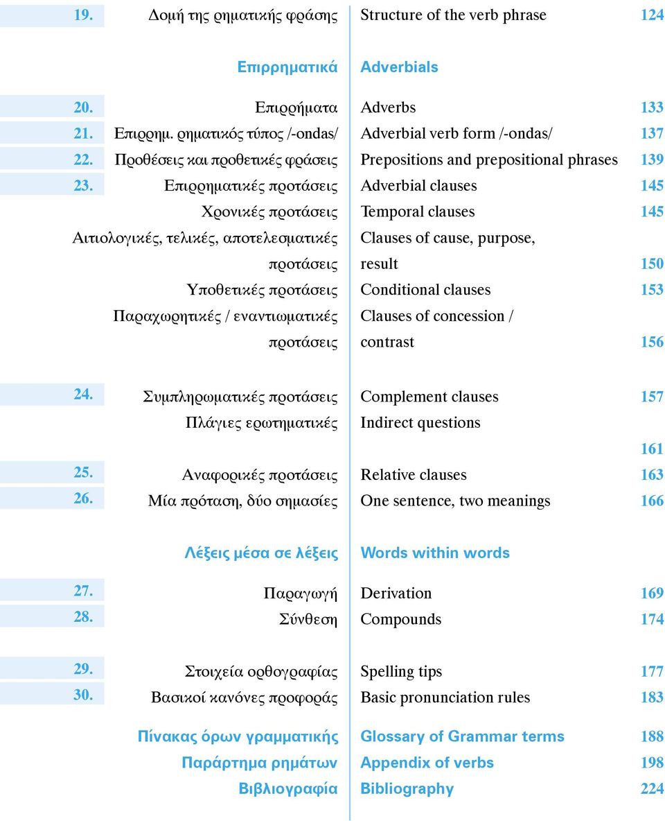 Prepositions and prepositional phrases 139 Adverbial clauses 145 Temporal clauses 145 Clauses of cause, purpose, result 150 Conditional clauses 153 Clauses of concession / contrast 156 24. 25. 26.