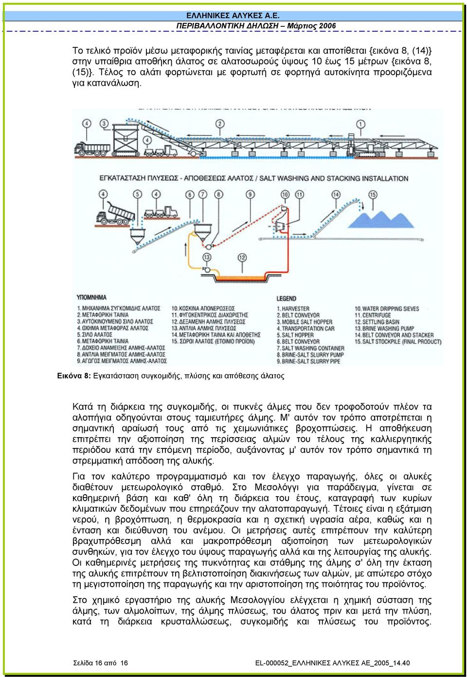 Εικόνα 8: Εγκατάσταση συγκοµιδής, πλύσης και απόθεσης άλατος Κατά τη διάρκεια της συγκοµιδής, οι πυκνές άλµες που δεν τροφοδοτούν πλέον τα αλοπήγια οδηγούνται στους ταµιευτήρες άλµης.