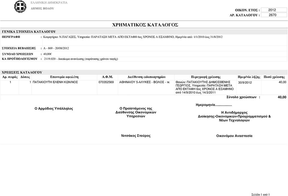 1/1/2010 έως 31/8/ 2670 ΣΤΟΙΧΕΙΑ ΒΕΒΑΙΩΣΗΣ : Α - 869-20/08/ ΣΥΝΟΛΟ ΧΡΕΩΣΕΩΝ : 40,00