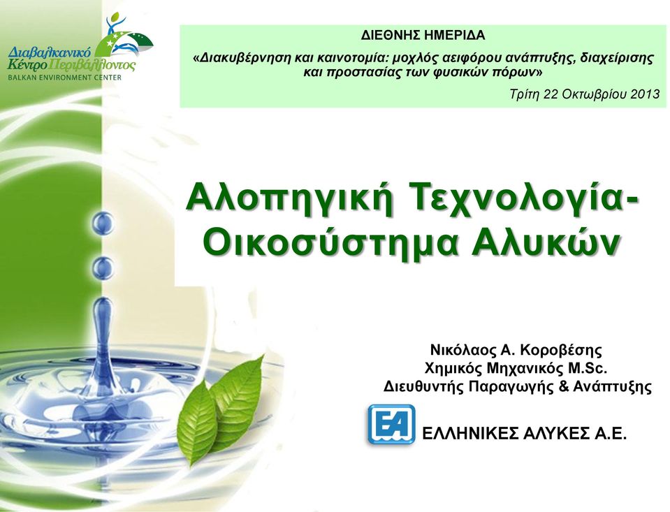 Οκτωβρίου 2013 Αλοπηγική Τεχνολογία- Οικοσύστημα Αλυκών Νικόλαος Α.