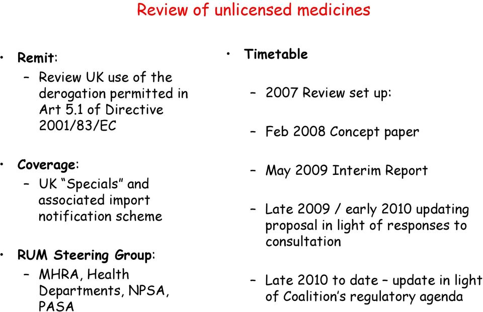 MHRA, Health Departments, NPSA, PASA Timetable 2007 Review set up: Feb 2008 Concept paper May 2009 Interim Report