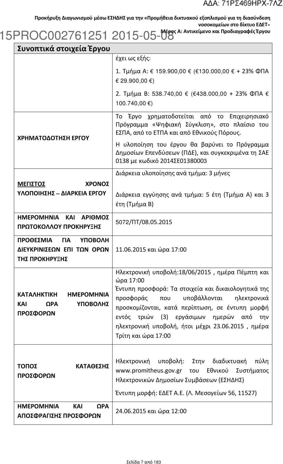 740,00 ) ΧΡΗΜΑΤΟΔΟΤΗΣΗ ΕΡΓΟΥ ΜΕΓΙΣΤΟΣ ΧΡΟΝΟΣ ΥΛΟΠΟΙΗΣΗΣ ΔΙΑΡΚΕΙΑ ΕΡΓΟΥ ΗΜΕΡΟΜΗΝΙΑ ΚΑΙ ΑΡΙΘΜΟΣ ΠΡΩΤΟΚΟΛΛΟΥ ΠΡΟΚΗΡΥΞΗΣ ΠΡΟΘΕΣΜΙΑ ΓΙΑ ΥΠΟΒΟΛΗ ΔΙΕΥΚΡΙΝΙΣΕΩΝ ΕΠΙ ΤΩΝ ΟΡΩΝ ΤΗΣ ΠΡΟΚΗΡΥΞΗΣ ΚΑΤΑΛΗΚΤΙΚΗ