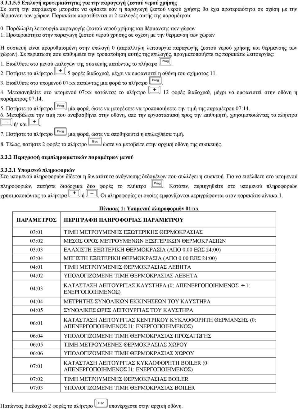 Παρακάτω παρατίθενται οι 2 επιλογές αυτής της παραµέτρου: 0: Παράλληλη λειτουργία παραγωγής ζεστού νερού χρήσης και θέρµανσης των χώρων 1: Προτεραιότητα στην παραγωγή ζεστού νερού χρήσης σε σχέση µε