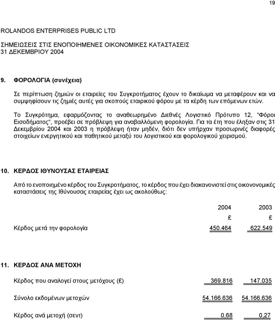 Για τα έτη που έληξαν στις 31 εκεµβρίου 2004 και 2003 η πρόβλεψη ήταv µηδέv, διότι δεv υπήρχαv πρoσωριvές διαφoρές στoιχείωv εvεργητικoύ και παθητικoύ µεταξύ τoυ λoγιστικoύ και φoρoλoγικoύ χειρισµoύ.