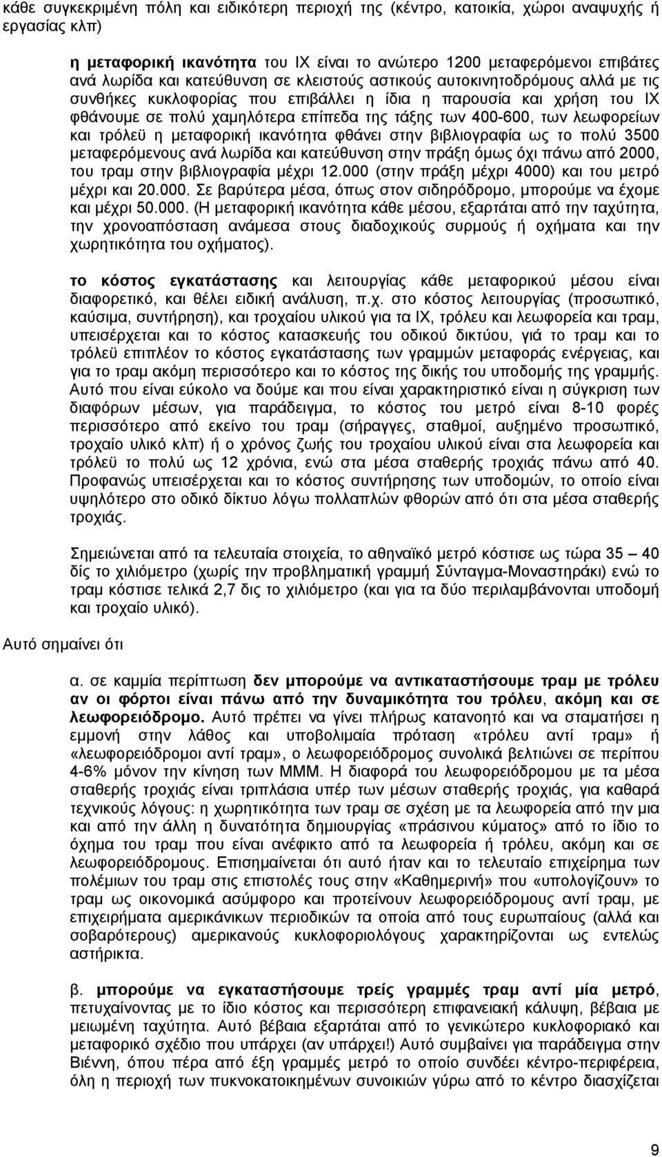 400-600, των λεωφορείων και τρόλεϋ η μεταφορική ικανότητα φθάνει στην βιβλιογραφία ως το πολύ 3500 μεταφερόμενους ανά λωρίδα και κατεύθυνση στην πράξη όμως όχι πάνω από 2000, του τραμ στην