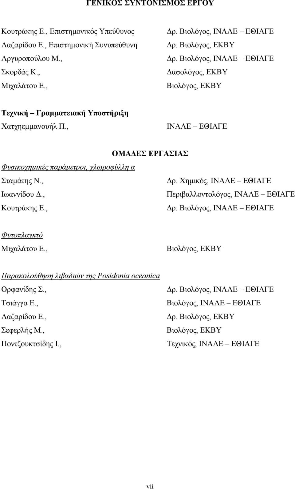 , ΙΝΑΛΕ ΕΘΙΑΓΕ ΟΜΑΔΕΣ ΕΡΓΑΣΙΑΣ Φυσικοχημικές παράμετροι, χλωροφύλλη α Σταμάτης Ν., Δρ. Χημικός, ΙΝΑΛΕ ΕΘΙΑΓΕ Ιωαννίδου Δ., Περιβαλλοντολόγος, ΙΝΑΛΕ ΕΘΙΑΓΕ Κουτράκης Ε., Δρ. Βιολόγος, ΙΝΑΛΕ ΕΘΙΑΓΕ Φυτοπλαγκτό Μιχαλάτου Ε.