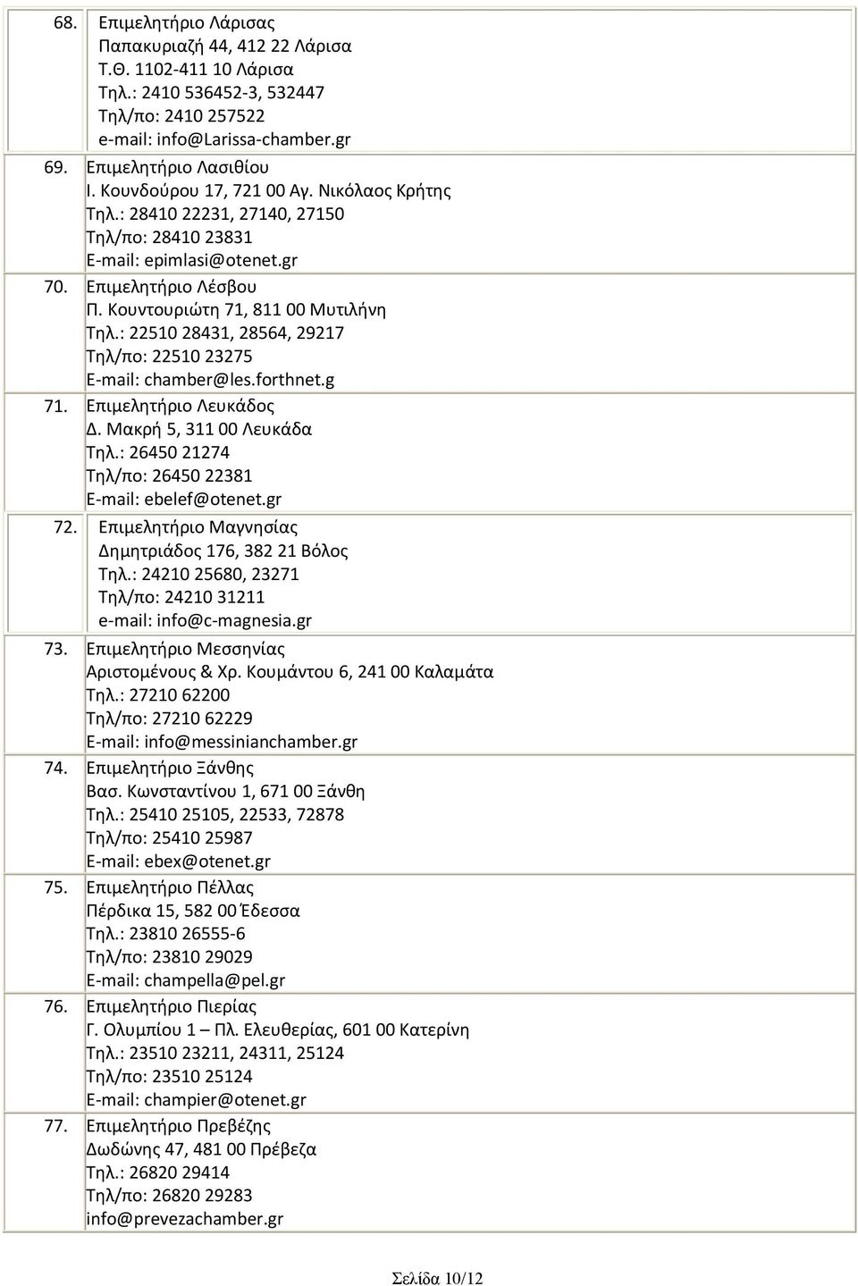 : 22510 28431, 28564, 29217 Τηλ/πο: 22510 23275 E-mail: chamber@les.forthnet.g 71. Επιμελητήριο Λευκάδος Δ. Μακρή 5, 311 00 Λευκάδα Τηλ.: 26450 21274 Τηλ/πο: 26450 22381 E-mail: ebelef@otenet.gr 72.