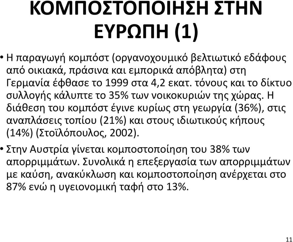 Η διάθεση του κομπόστ έγινε κυρίως στη γεωργία (36%), στις αναπλάσεις τοπίου (21%) και στους ιδιωτικούς κήπους (14%) (Στοϊλόπουλος, 2002).