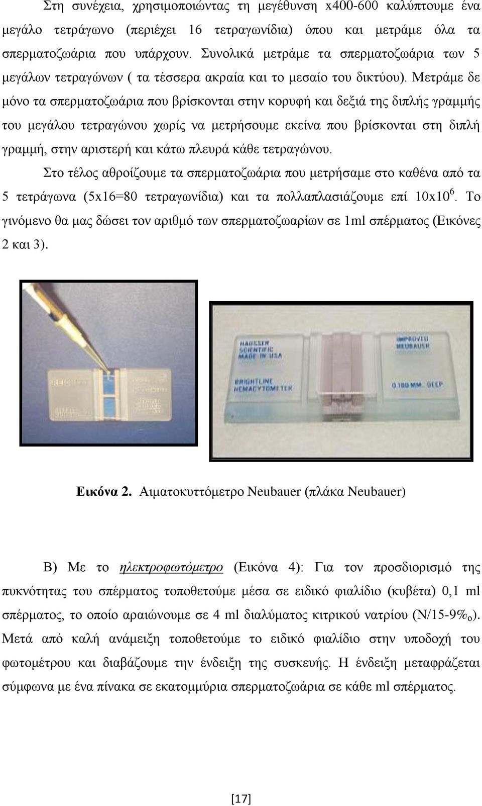 Μετράμε δε μόνο τα σπερματοζωάρια που βρίσκονται στην κορυφή και δεξιά της διπλής γραμμής του μεγάλου τετραγώνου χωρίς να μετρήσουμε εκείνα που βρίσκονται στη διπλή γραμμή, στην αριστερή και κάτω