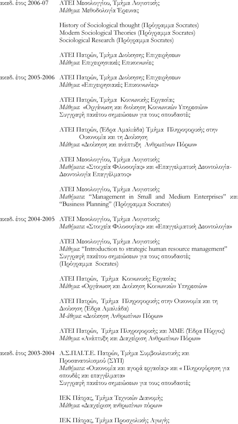 έτος 2005-2006 ΑTEI Πατρών, Τµήµα ιοίκησης Επιχειρήσεων Μάθηµα: «Επιχειρησιακές Επικοινωνίες» ΑΤΕΙ Πατρών, Τµήµα Κοινωνικής Εργασίας Μάθηµα: «Οργάνωση και διοίκηση Κοινωνικών Υπηρεσιών» Συγγραφή