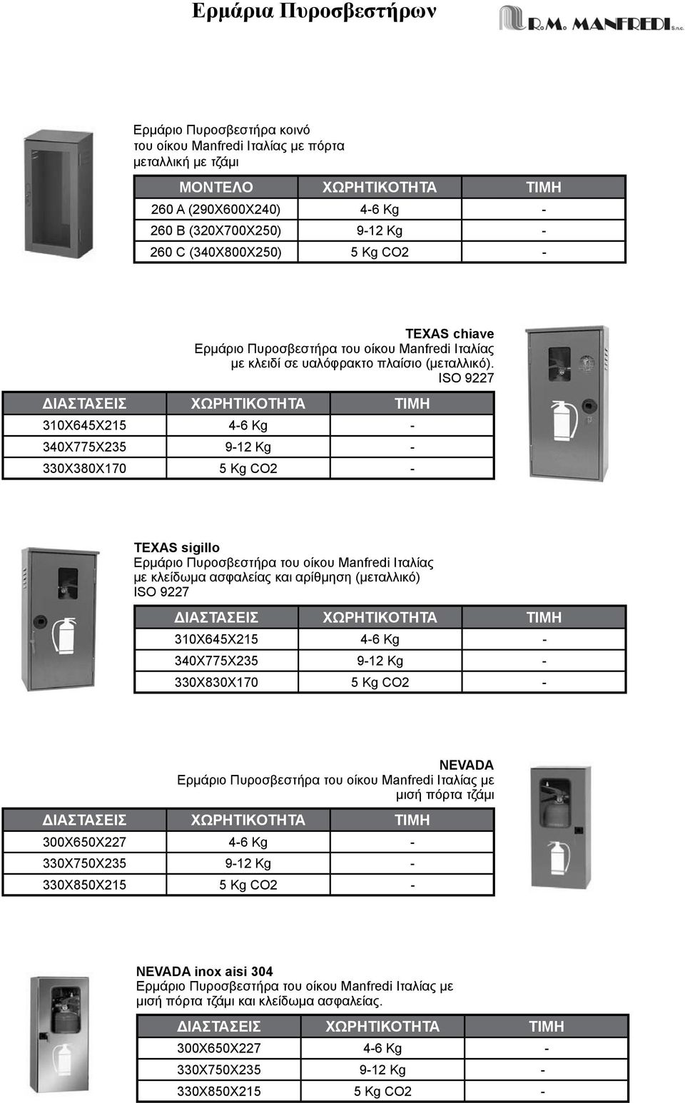 ISO 9227 ΔΙΑΣΤΑΣΕΙΣ ΧΩΡΗΤΙΚΟΤΗΤΑ 310Χ645Χ215 46 Kg 340Χ775Χ235 912 Kg 330Χ380Χ170 5 Kg CO2 TEXAS sigillo Ερμάριο Πυροσβεστήρα του οίκου Manfredi Ιταλίας με κλείδωμα ασφαλείας και αρίθμηση (μεταλλικό)