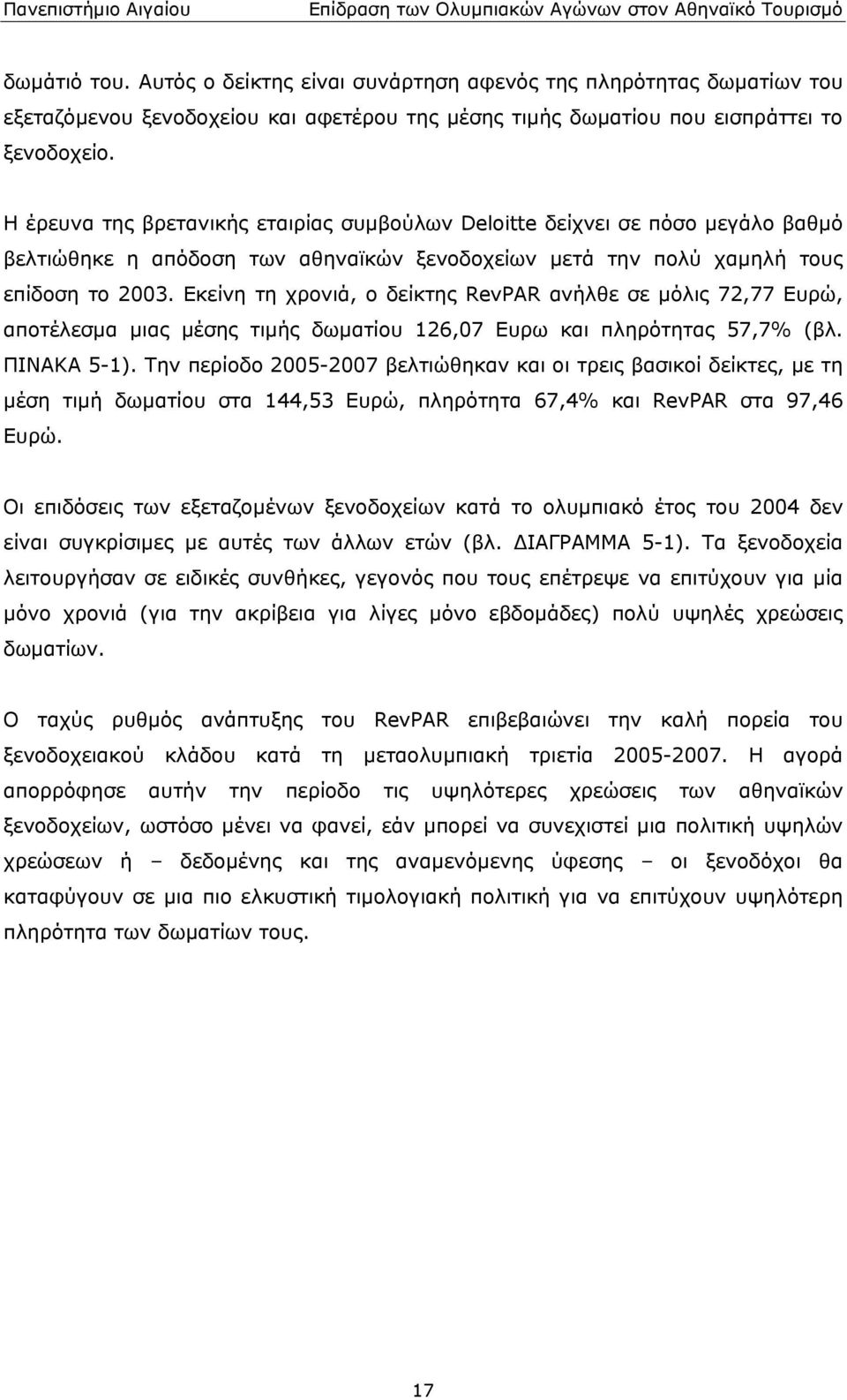 72,77 Ευρώ, αποτέλεσμα μιας μέσης τιμής δωματίου 126,07 Ευρω και πληρότητας 57,7% (βλ ΠΙΝΑΚΑ 5-1) Την περίοδο 2005-2007 βελτιώθηκαν και οι τρεις βασικοί δείκτες, με τη μέση τιμή δωματίου στα 144,53