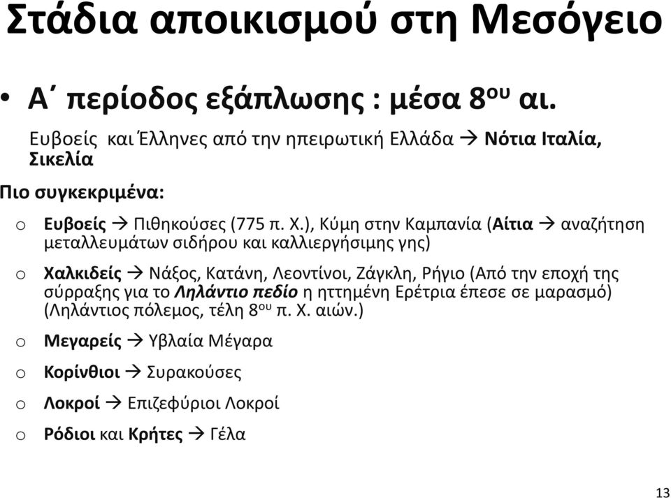 ), Κύμη στην Καμπανία (Αίτια αναζήτηση μεταλλευμάτων σιδήρου και καλλιεργήσιμης γης) Χαλκιδείς Νάξος, Κατάνη, Λεοντίνοι, Ζάγκλη, Ρήγιο