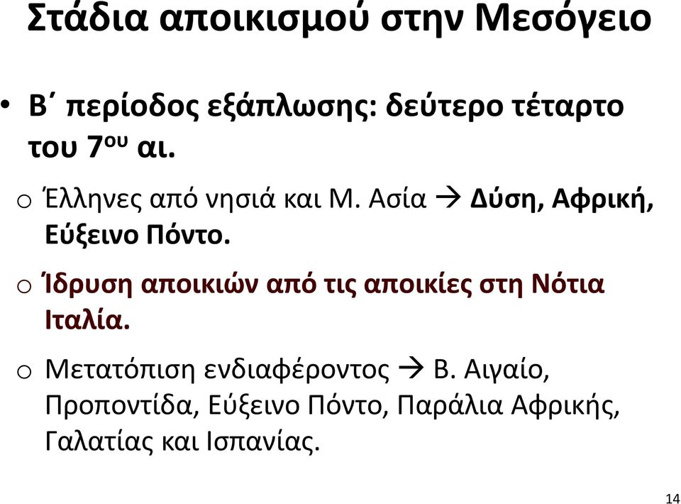 o Ίδρυση αποικιών από τις αποικίες στη Νότια Ιταλία.